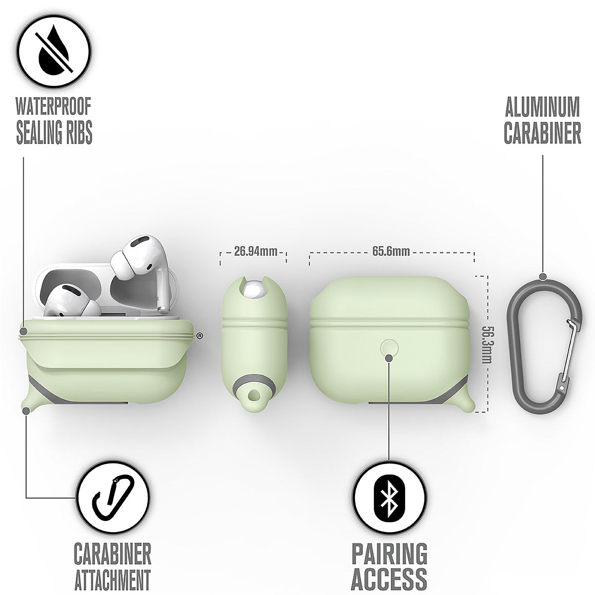 catalyst airpods pro gen 2 1 waterproof case carabiner special edition glow in the dark different views showing the sealing ribs carabiner attachment loop and pairing access text reads waterproof sealing ribs aluminum carabiner carabiner attachment pairing access
