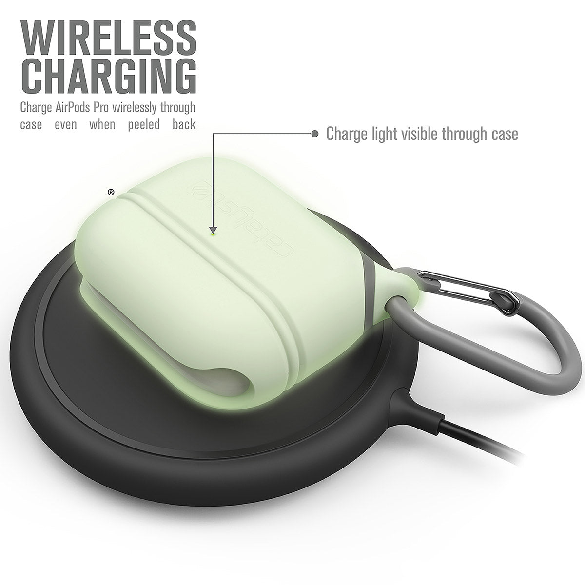 catalyst airpods pro gen 2 1 waterproof case carabiner special edition glow in the dark on top of a wireless charger text reads wireless charging charge airpods pro wirelessly through case even when peeled back charge light visible through case