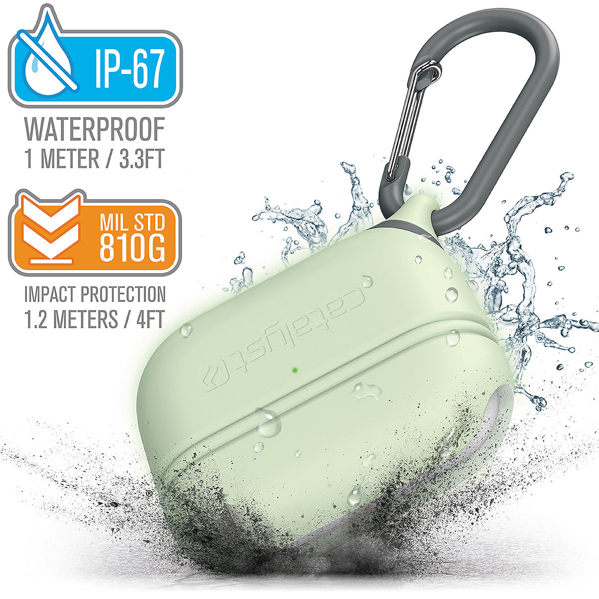 catalyst airpods pro gen 2 1 waterproof case carabiner special edition glow in the dark with cracked floor and splashes of water text reads ip-67 waterproof 1 meter 3.3ft mil std 810g impact protection 1.2 meters 4ft