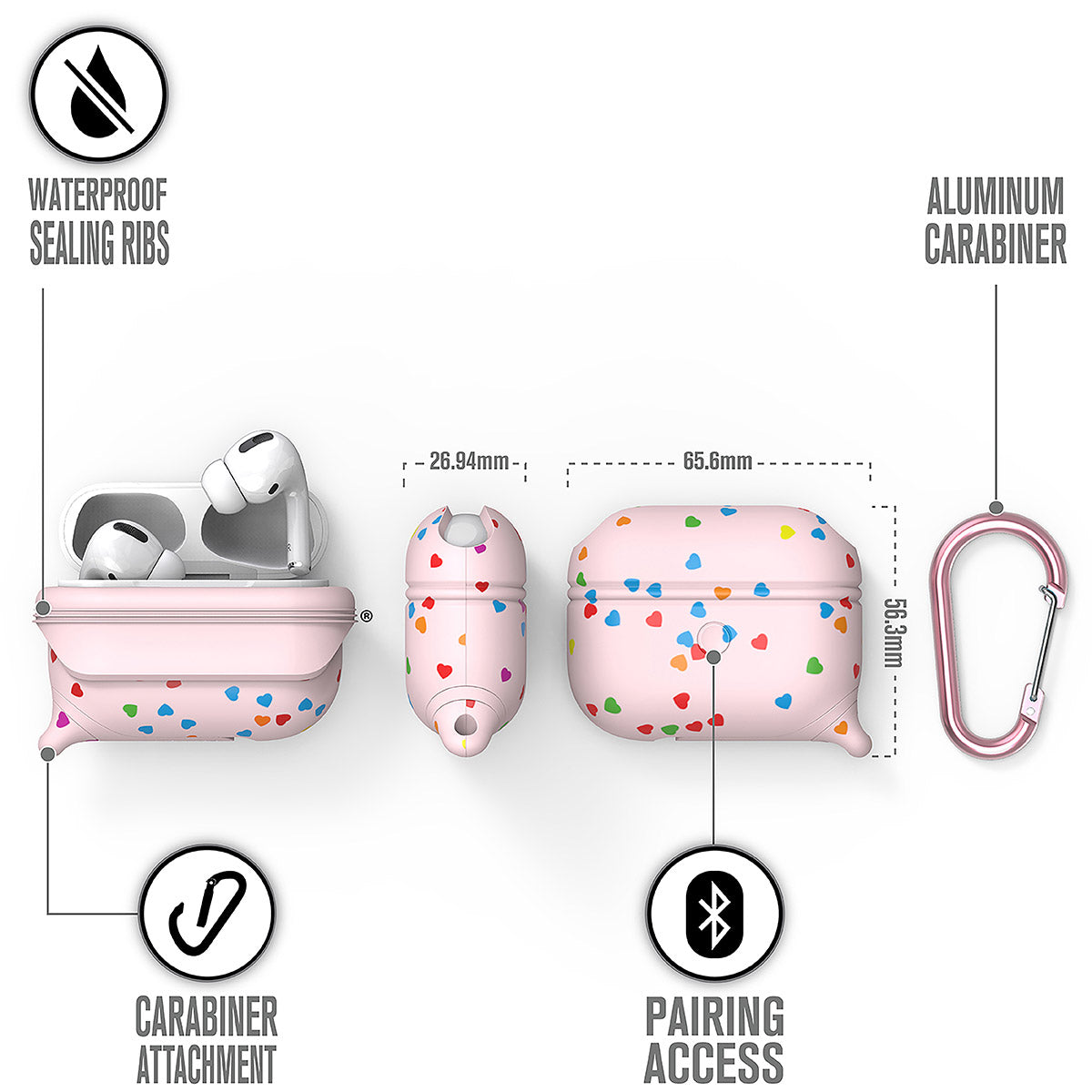 catalyst airpods pro gen 2 1 waterproof case carabiner special edition pink with hearts different views showing the sealing ribs carabiner attachment loop and pairing access text reads waterproof sealing ribs aluminum carabiner carabiner attachment pairing access