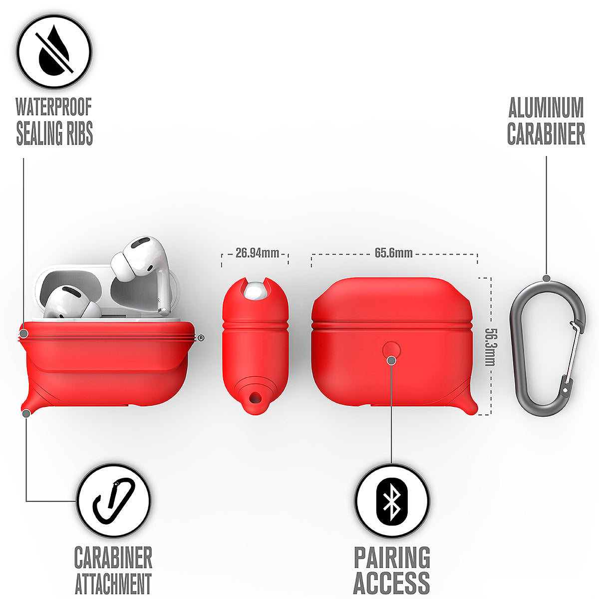 catalyst airpods pro gen 2 1 waterproof case carabiner special edition red different views showing the sealing ribs carabiner attachment loop and pairing access text reads waterproof sealing ribs aluminum carabiner carabiner attachment pairing access