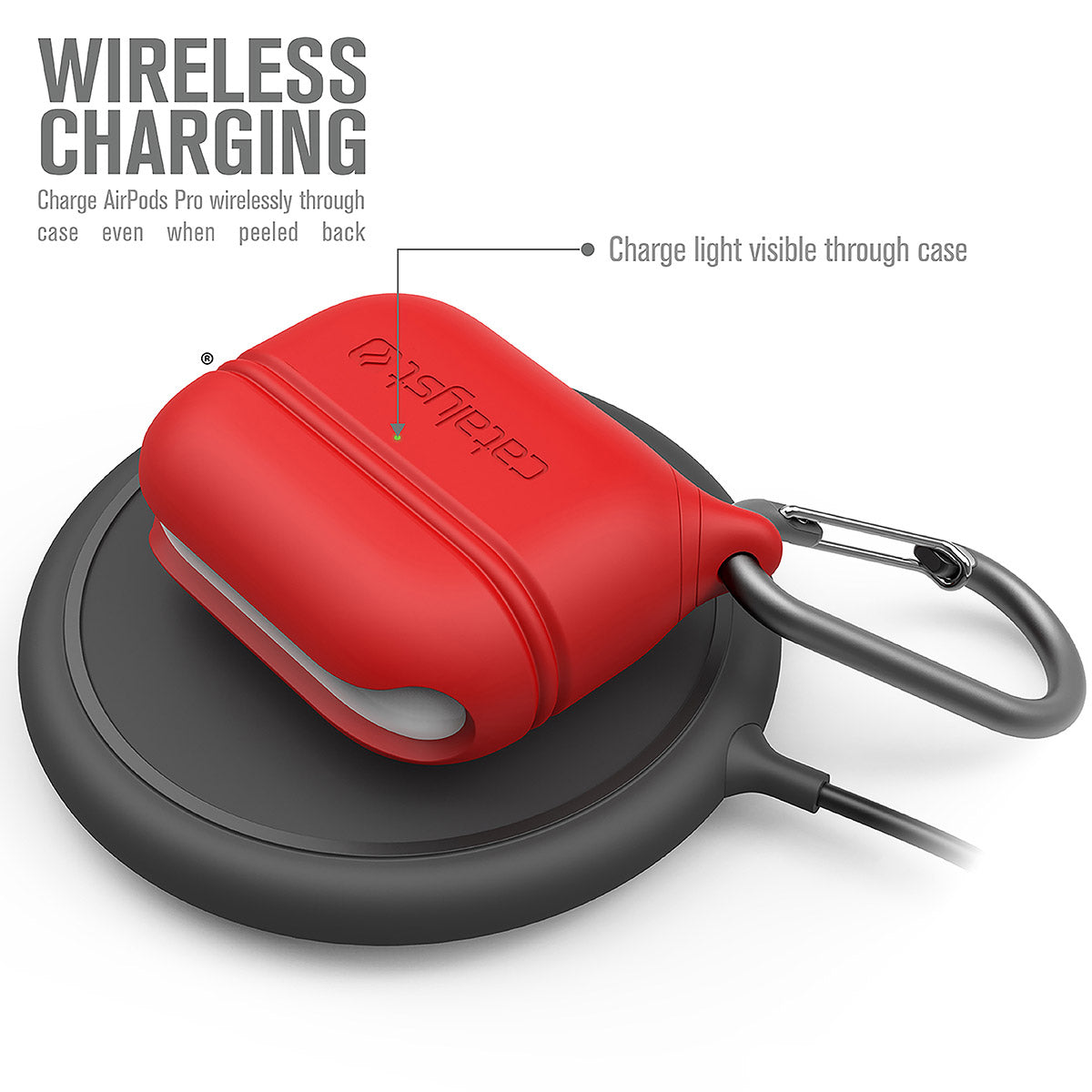 catalyst airpods pro gen 2 1 waterproof case carabiner special edition red on top of a wireless charger text reads wireless charging charge airpods pro wirelessly through case even when peeled back charge light visible through case
