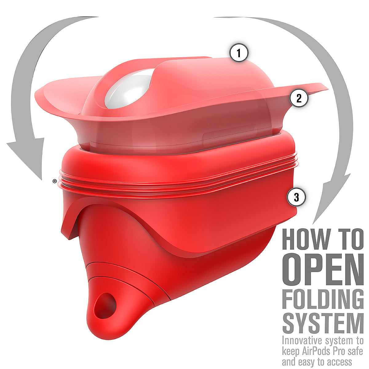 catalyst airpods pro gen 2 1 waterproof case carabiner special edition red with arrows on how to open the case text reads how to open folding system innovative system to keep airpods pro safe and easy to access