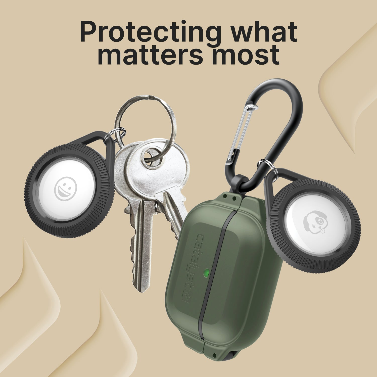Catalyst airtag total protection case hang it attach on the keys and airpod case text read protecting what matters most