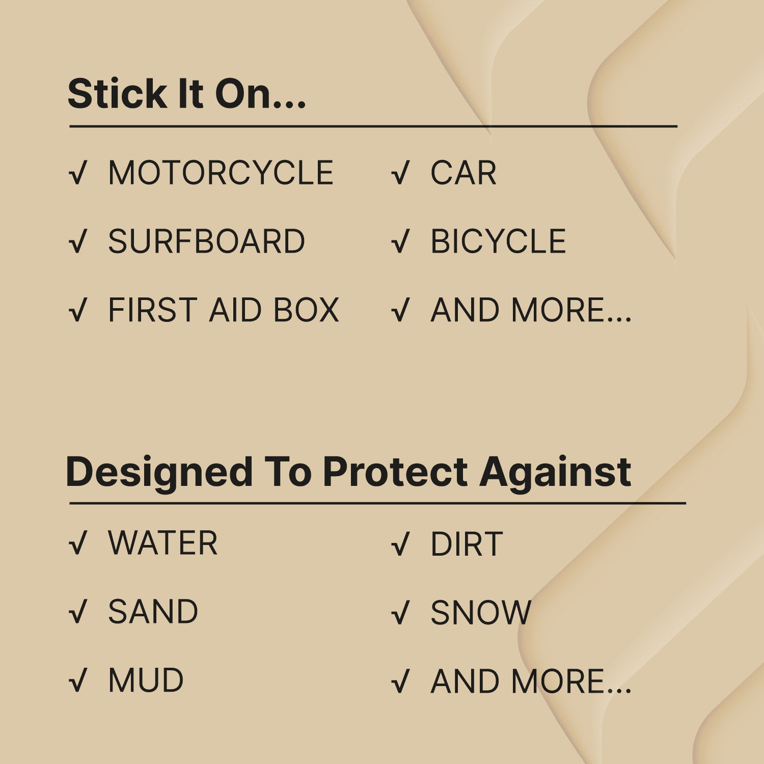 Catalyst airtag total protection case stick it showing where the case can be attach and case features text reads stick on motorcycle surfboard first aid box car bicycle and more designed to protect against water sand mud dirt snow and more