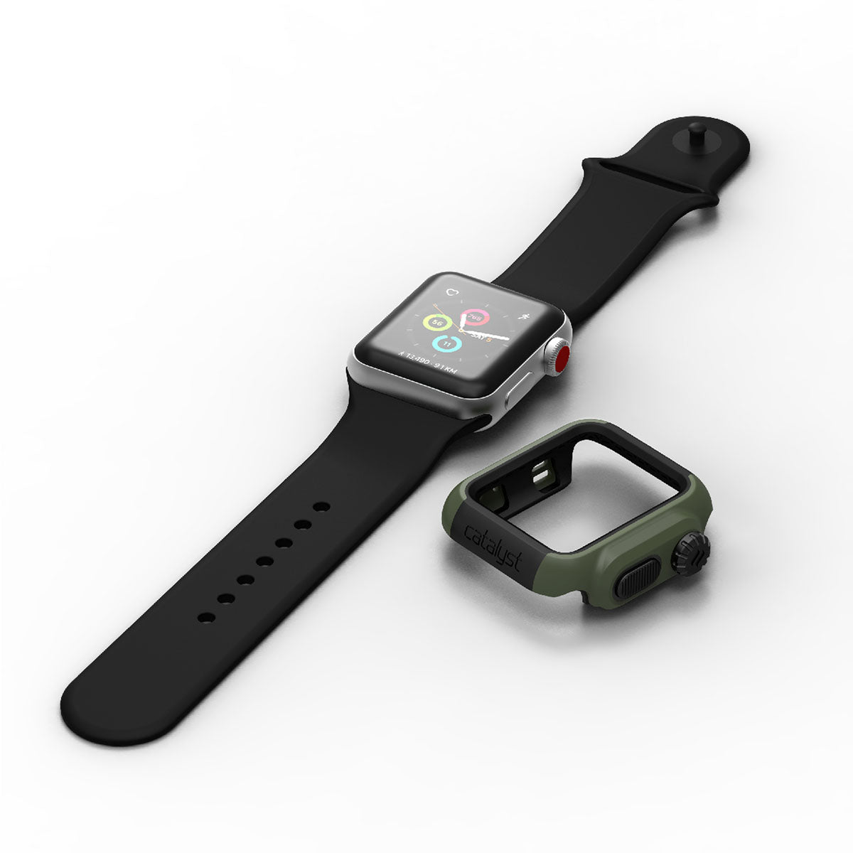 catalyst apple watch series 3 2 38mm impact protection case apple watch with black band and uninstalled impact protection case army green