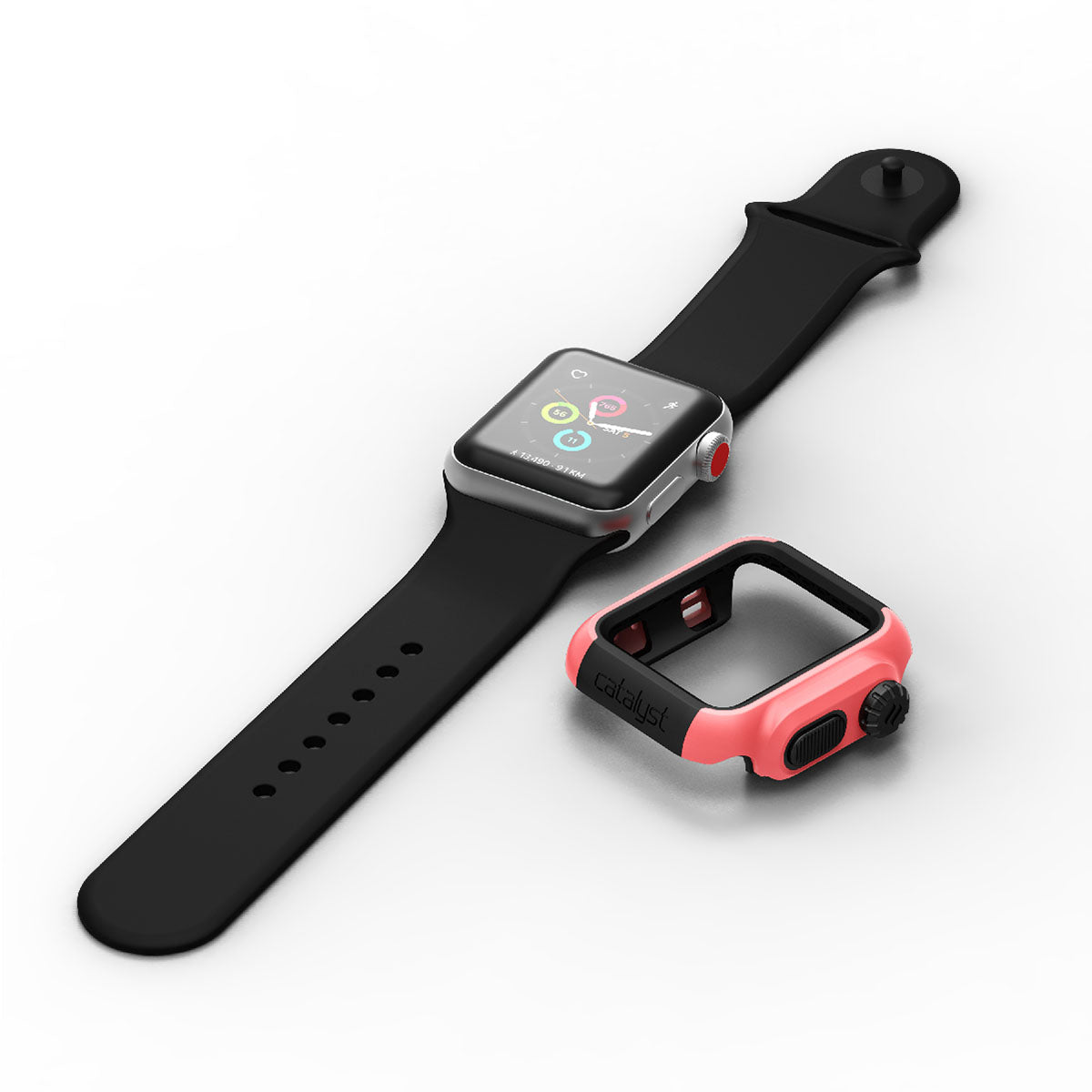 catalyst apple watch series 3 2 38mm impact protection case apple watch with black band and uninstalled impact protection case coral
