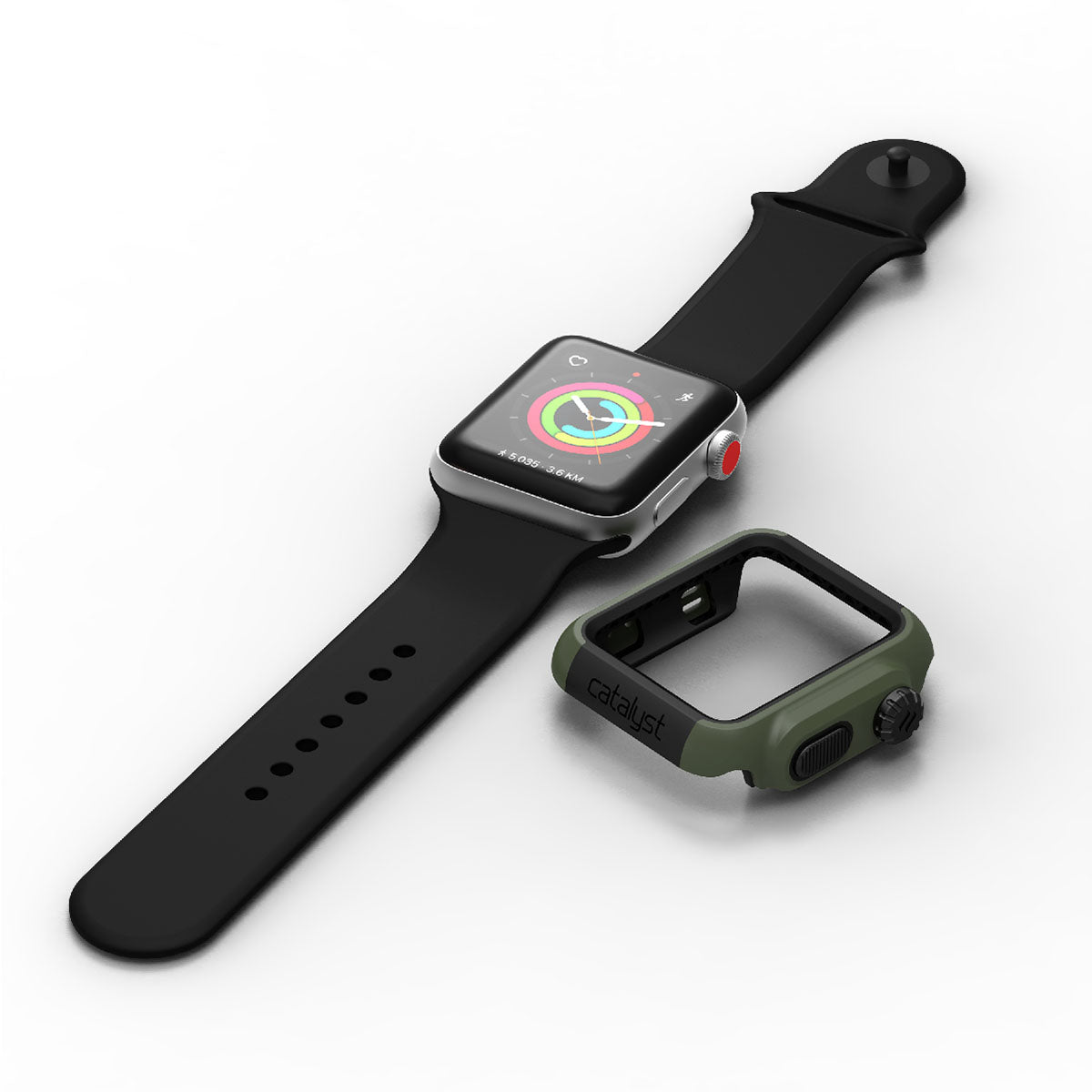 catalyst apple watch series 3 2 42mm impact protection case apple watch with black band and uninstalled impact protection case army green