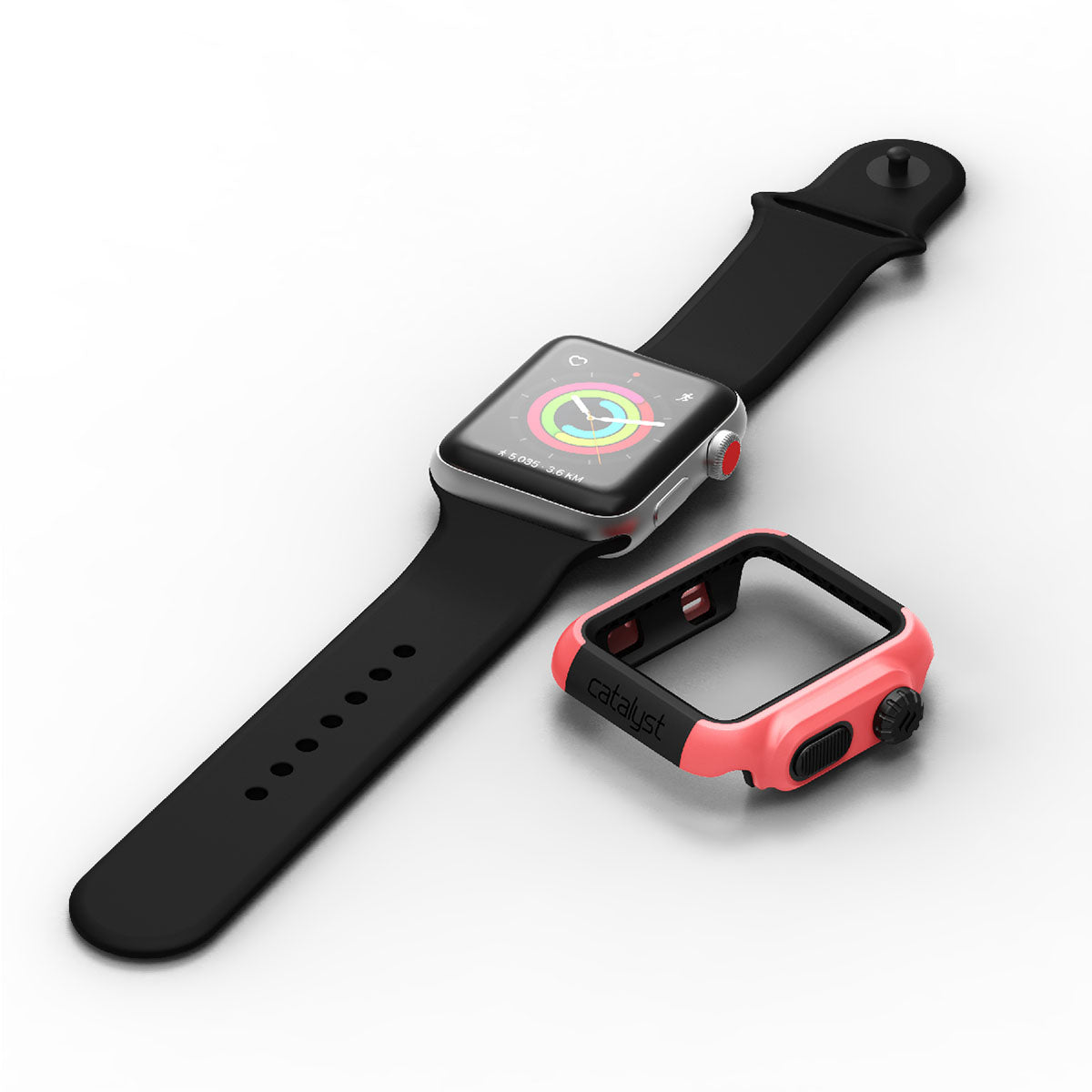 catalyst apple watch series 3 2 42mm impact protection case apple watch with black band and uninstalled impact protection case coral