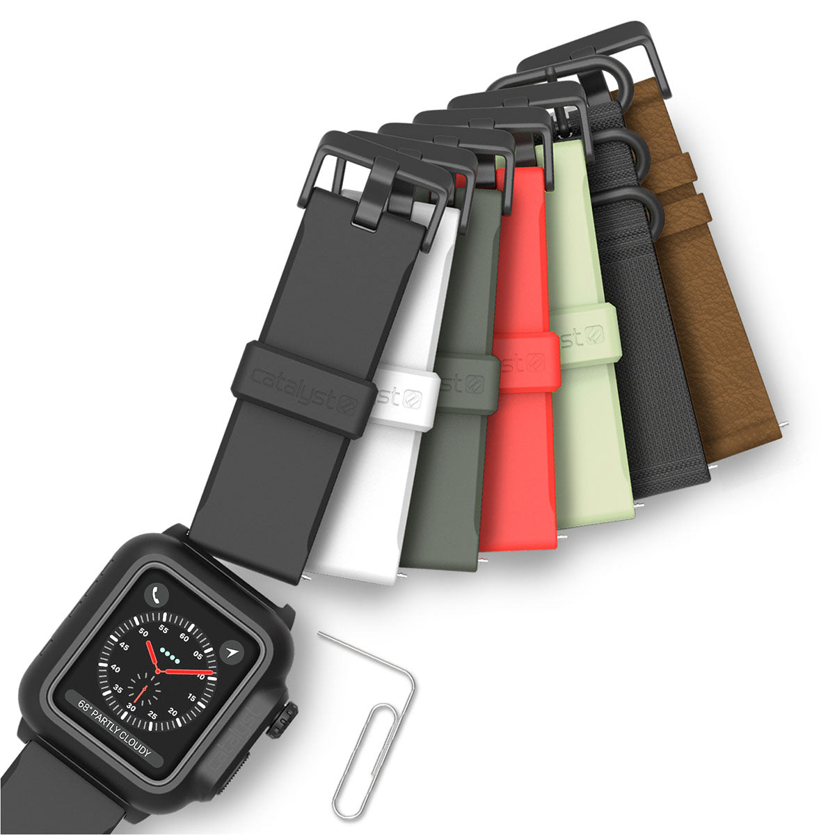 catalyst apple watch series 3 42mm waterproof case band showing the apple watch case and bands gray white army green red green black brown and a paper clip
