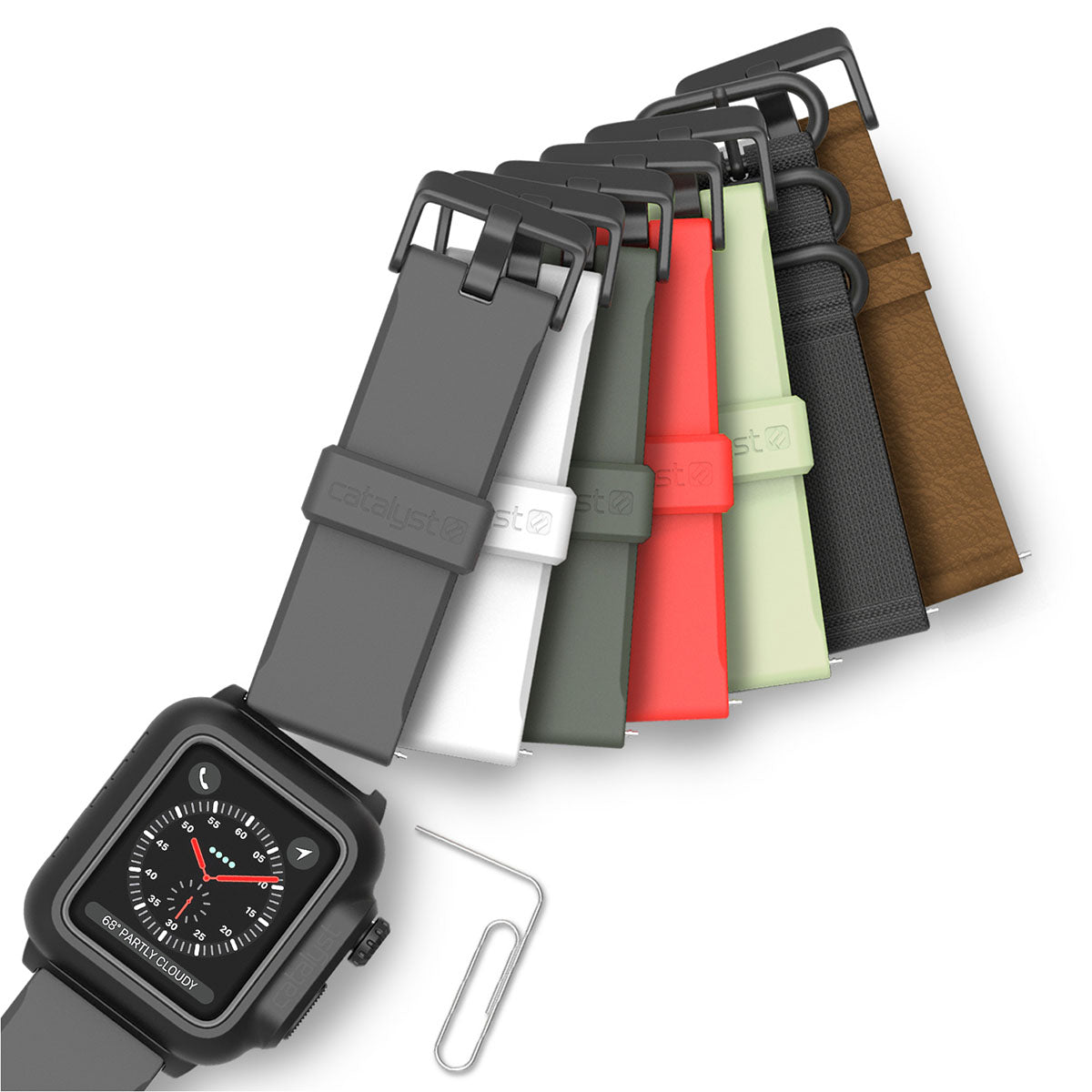 catalyst apple watch series 3 42mm waterproof case band showing the apple watch case and bands gray white army green red green black brown and a paper clip