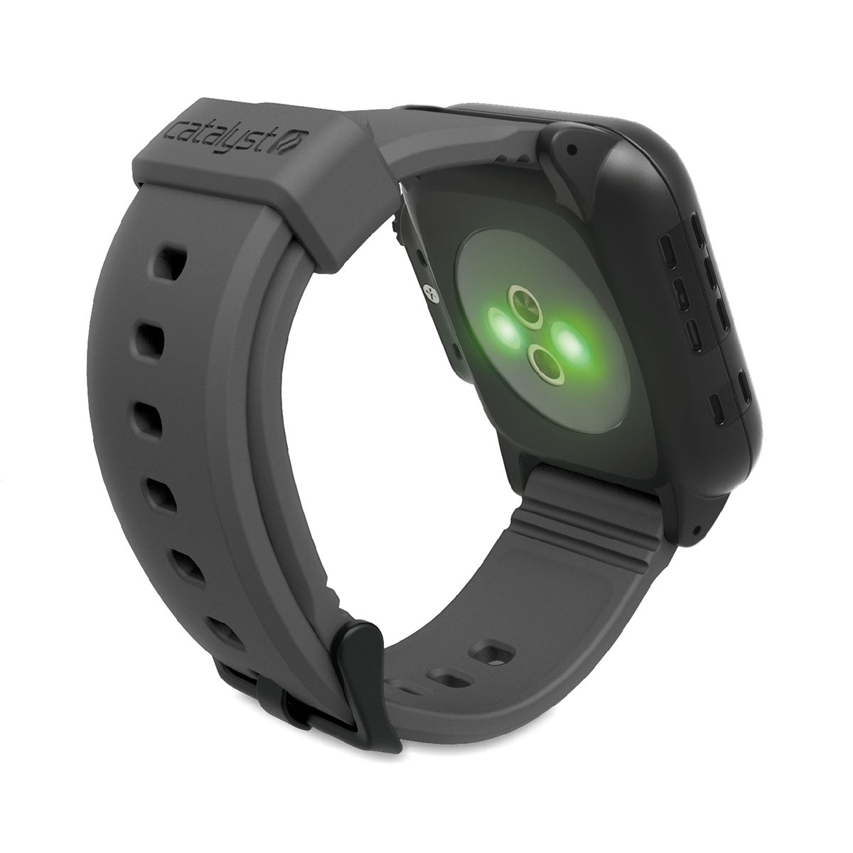 catalyst apple watch series 3 42mm waterproof case band showing the back of the catalyst case with green lights on the optic sensor with gray band