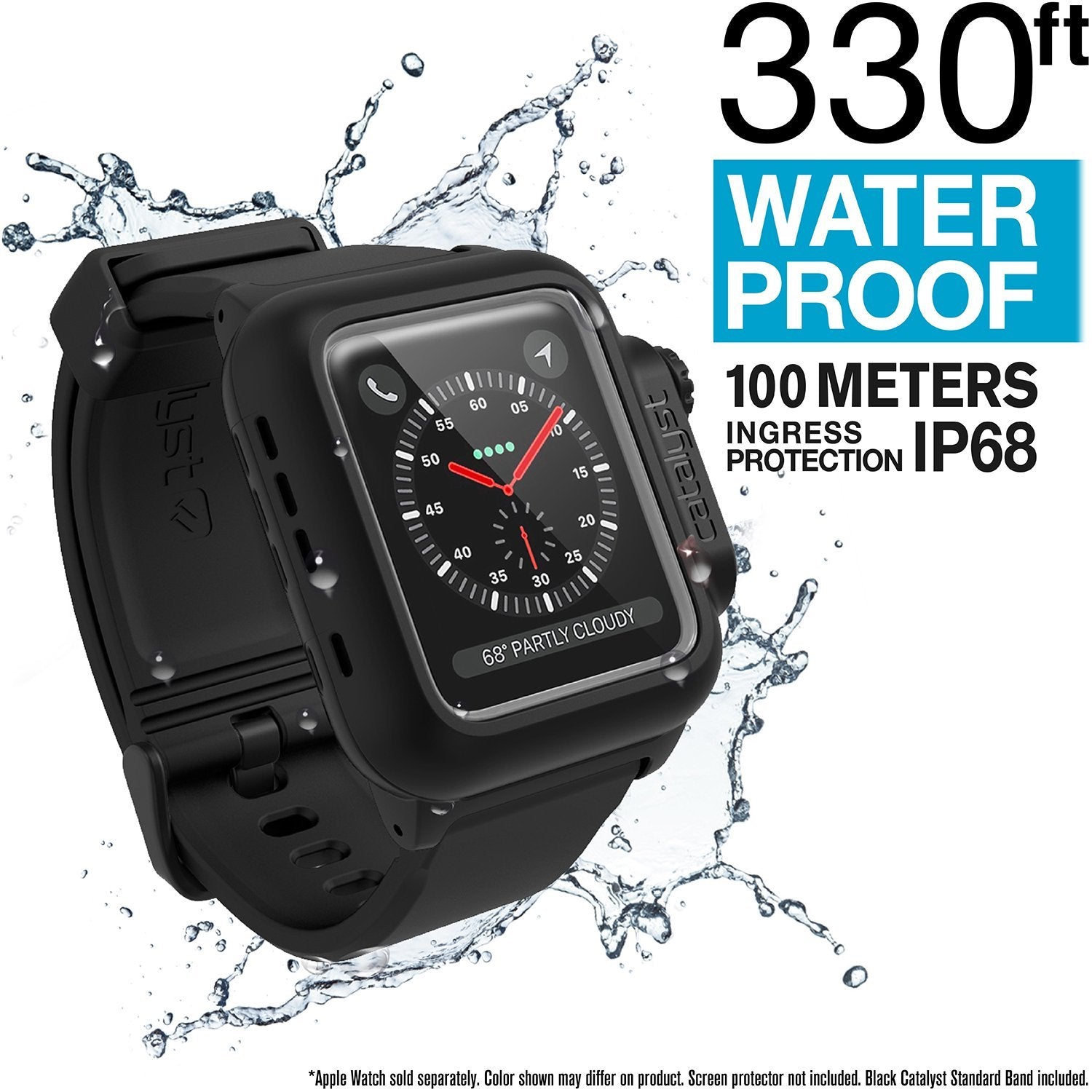 catalyst apple watch series 3 42mm waterproof case band showing the catalyst case with apple watch and splashes of water text reads 330ft waterproof 100 meters ingress protection ip68