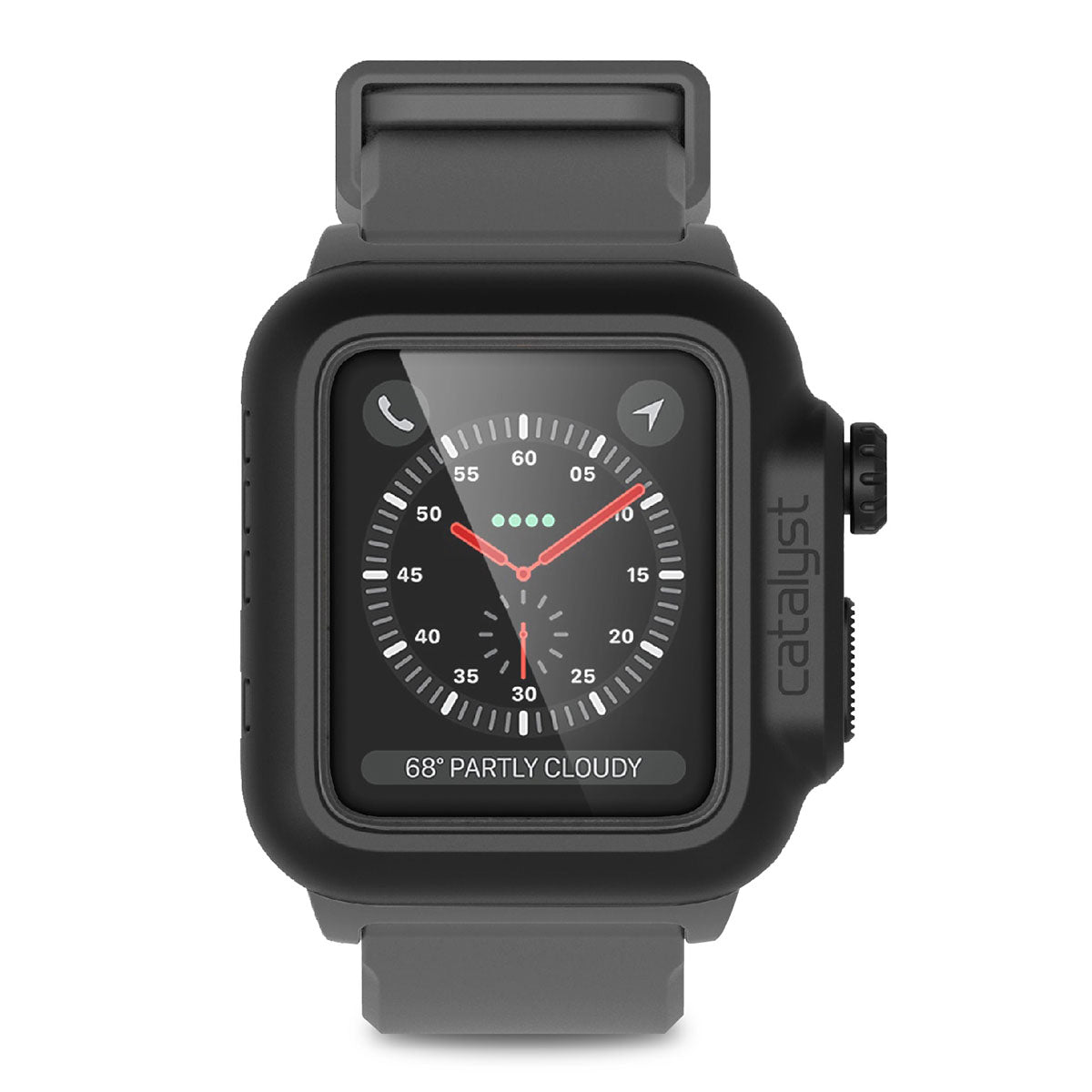 catalyst apple watch series 3 42mm waterproof case band showing the front view of the catalyst waterproof case for apple watch with gray band