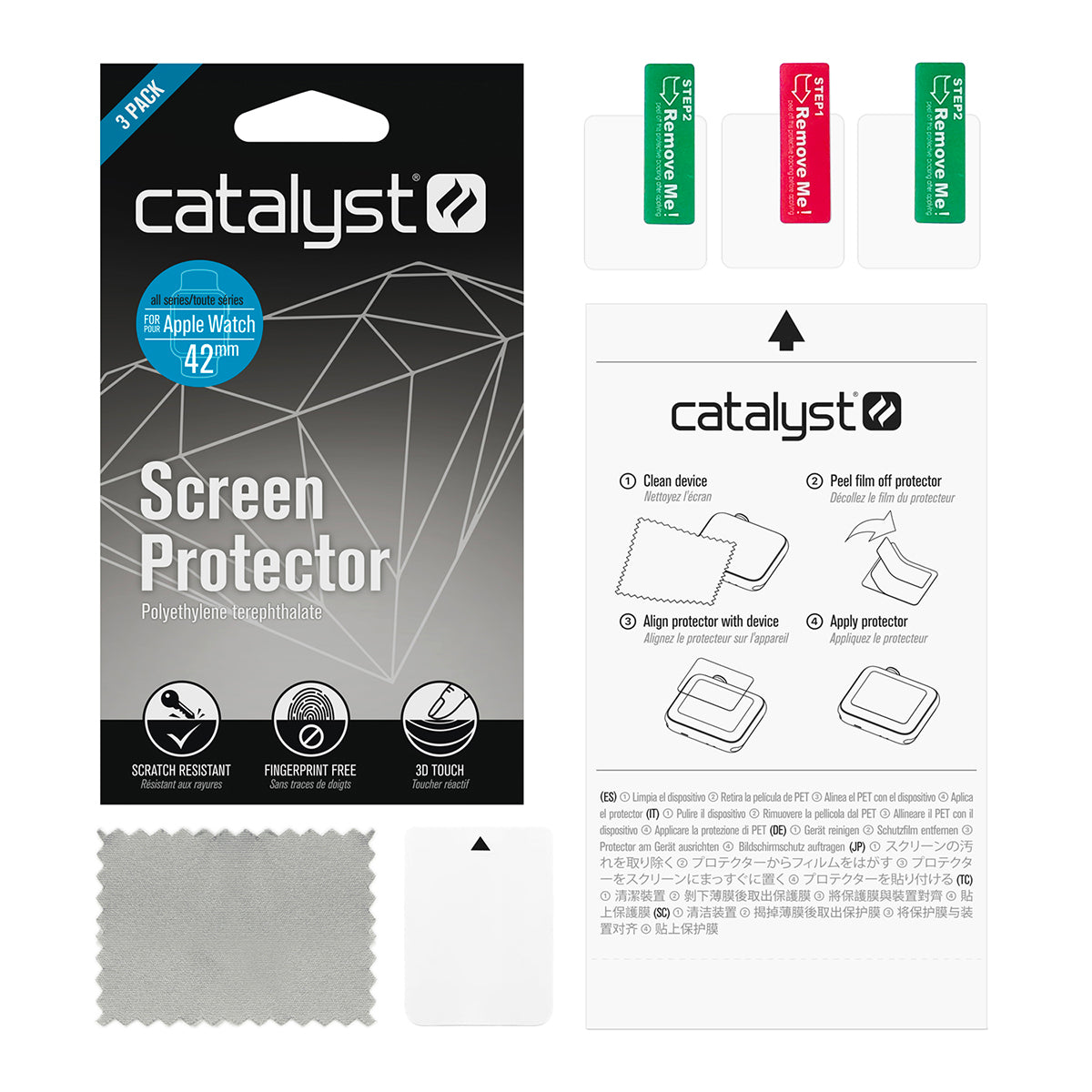 catalyst apple watch series 3 42mm waterproof case band showing the packaging of the screen protector for apple watch microfiber cloth user manual screen protector