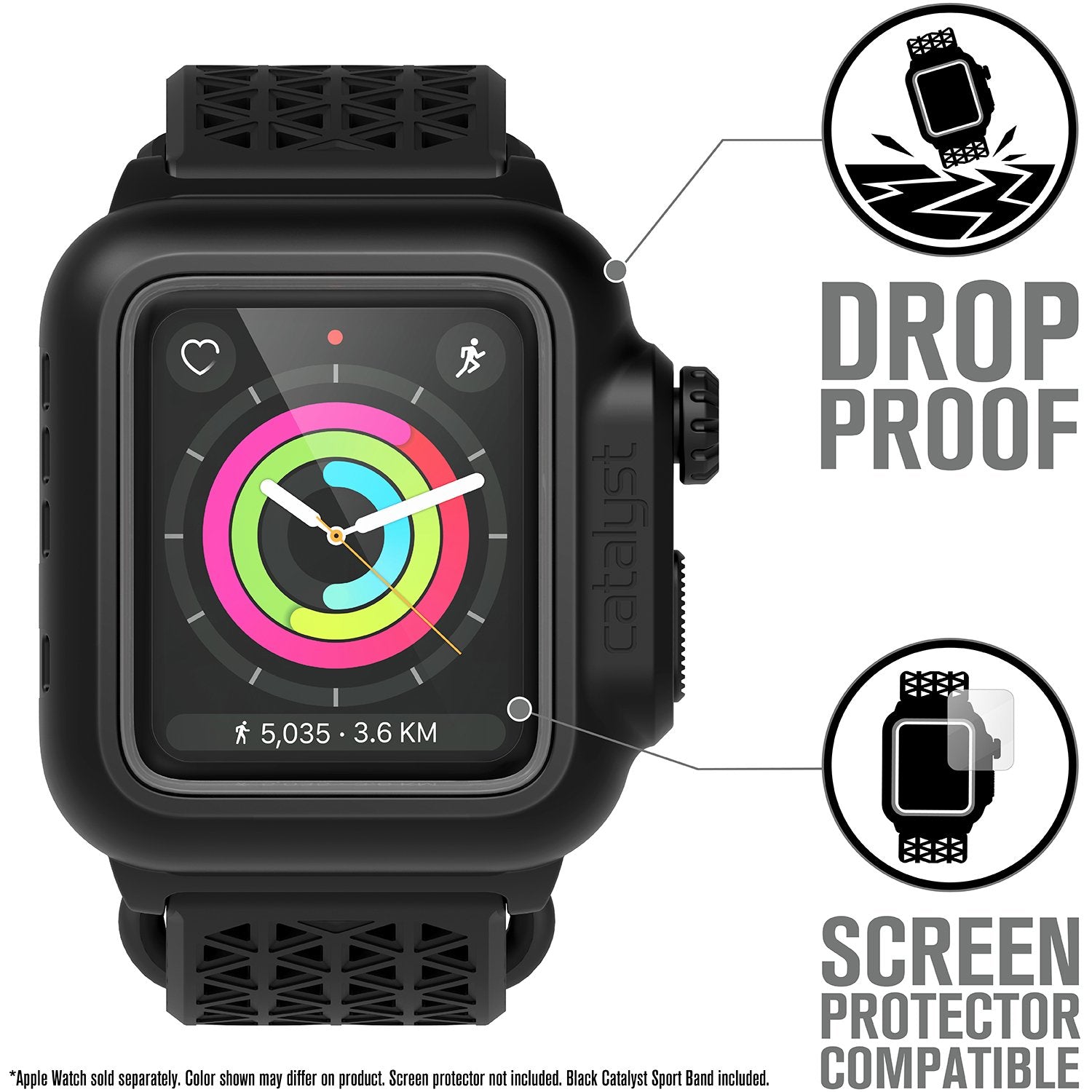 catalyst apple watch series 3 42mm waterproof case sport band showing an apple watch inside the catalyst case with drop proof and screen protector compatibility text reads drop proof screen protector compatible