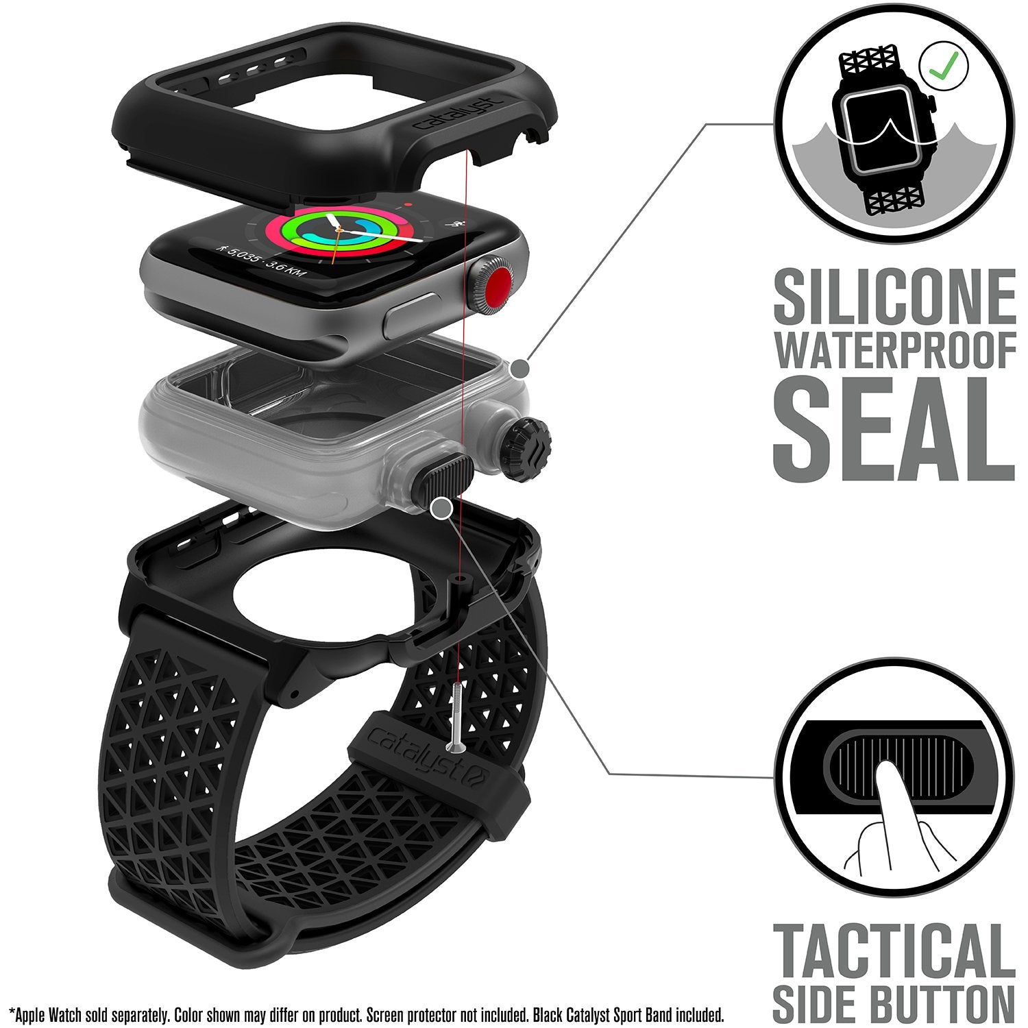 catalyst apple watch series 3 42mm waterproof case sport band showing disassembled parts of the case text reads silicoone waterproof seal tactical side button