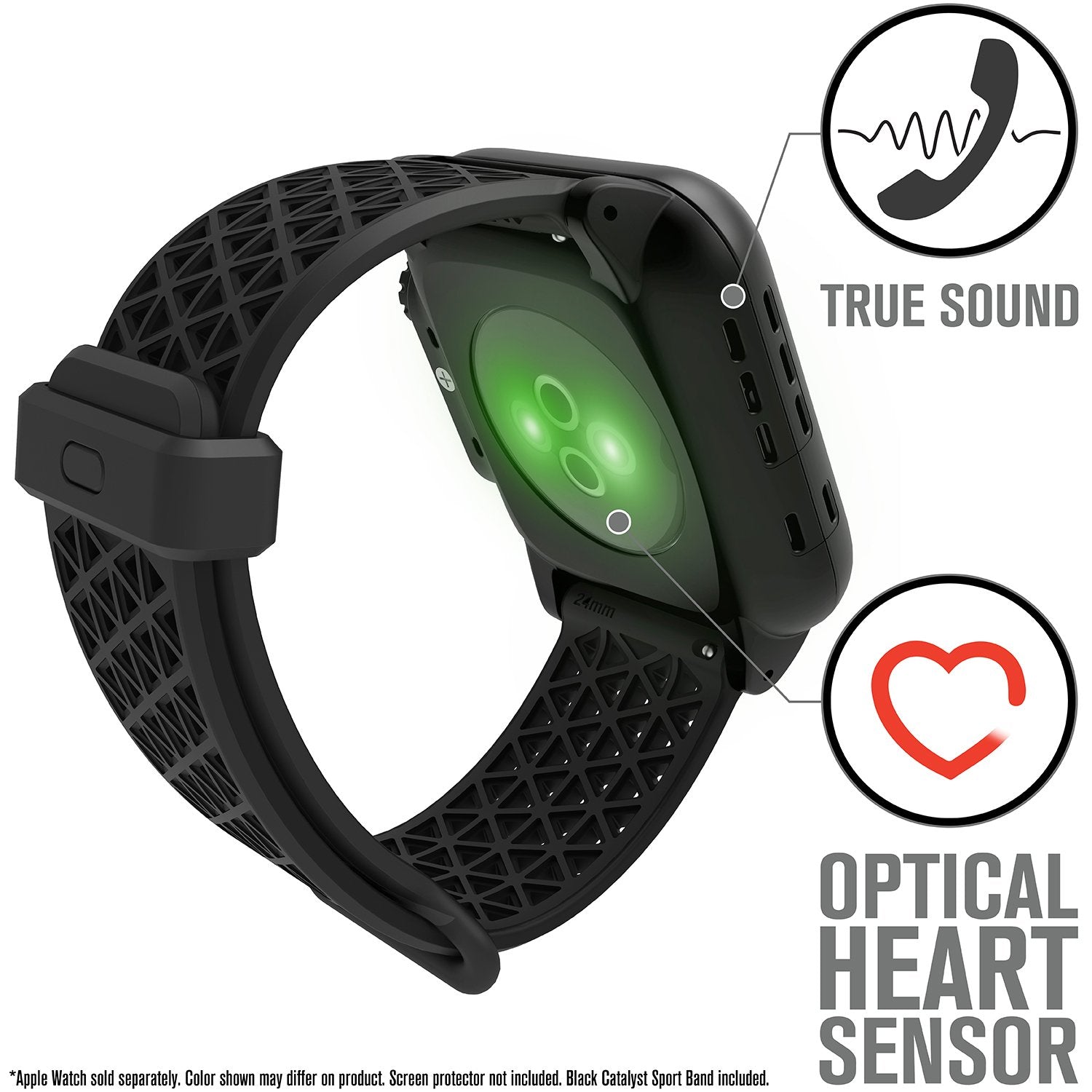 catalyst apple watch series 3 42mm waterproof case sport band showing green lights on the optical heart sensor text reads true sound optical heart sensor