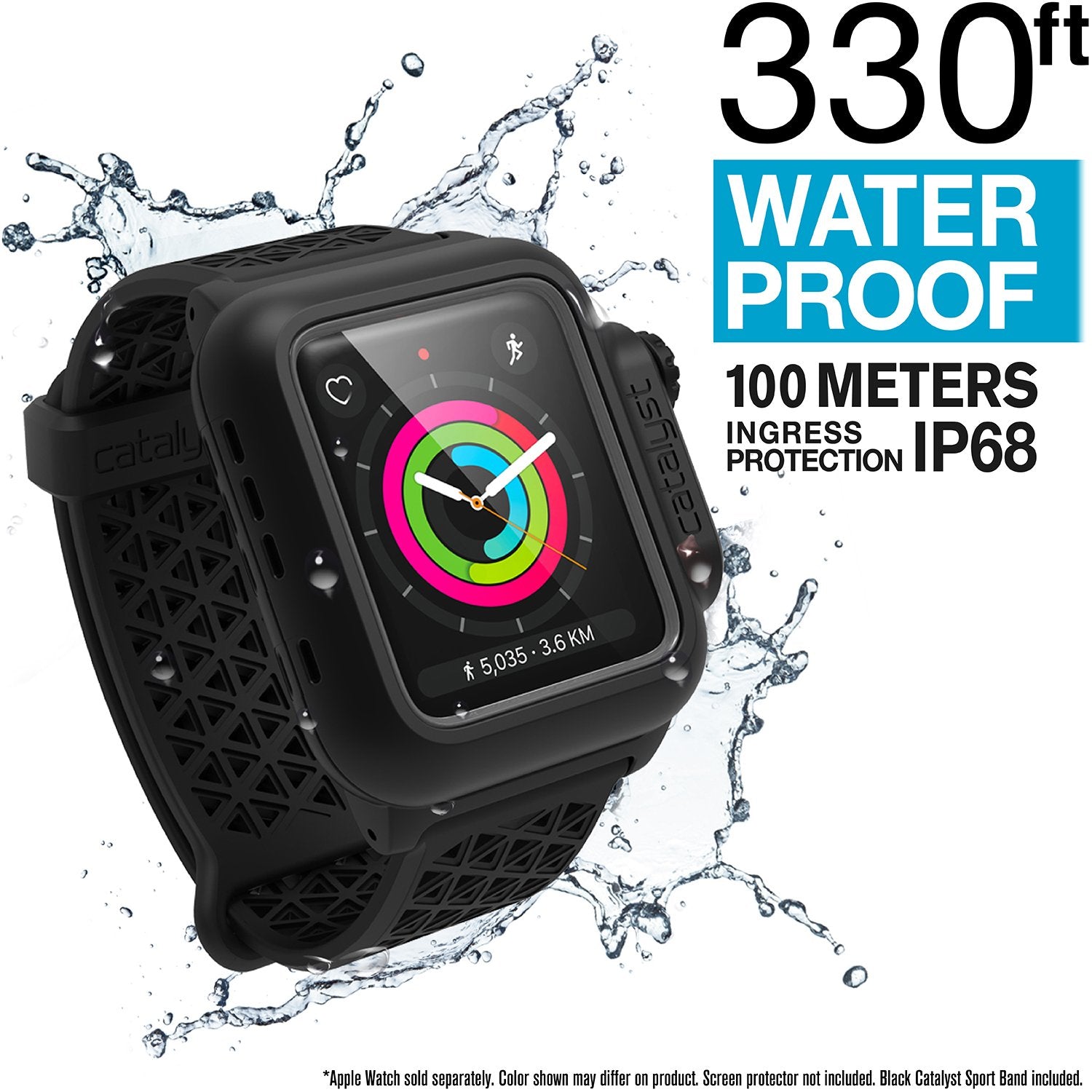 catalyst apple watch series 3 42mm waterproof case sport band showing splashes of water text reads 330ft waterproof 100 meters ingress protection ip68