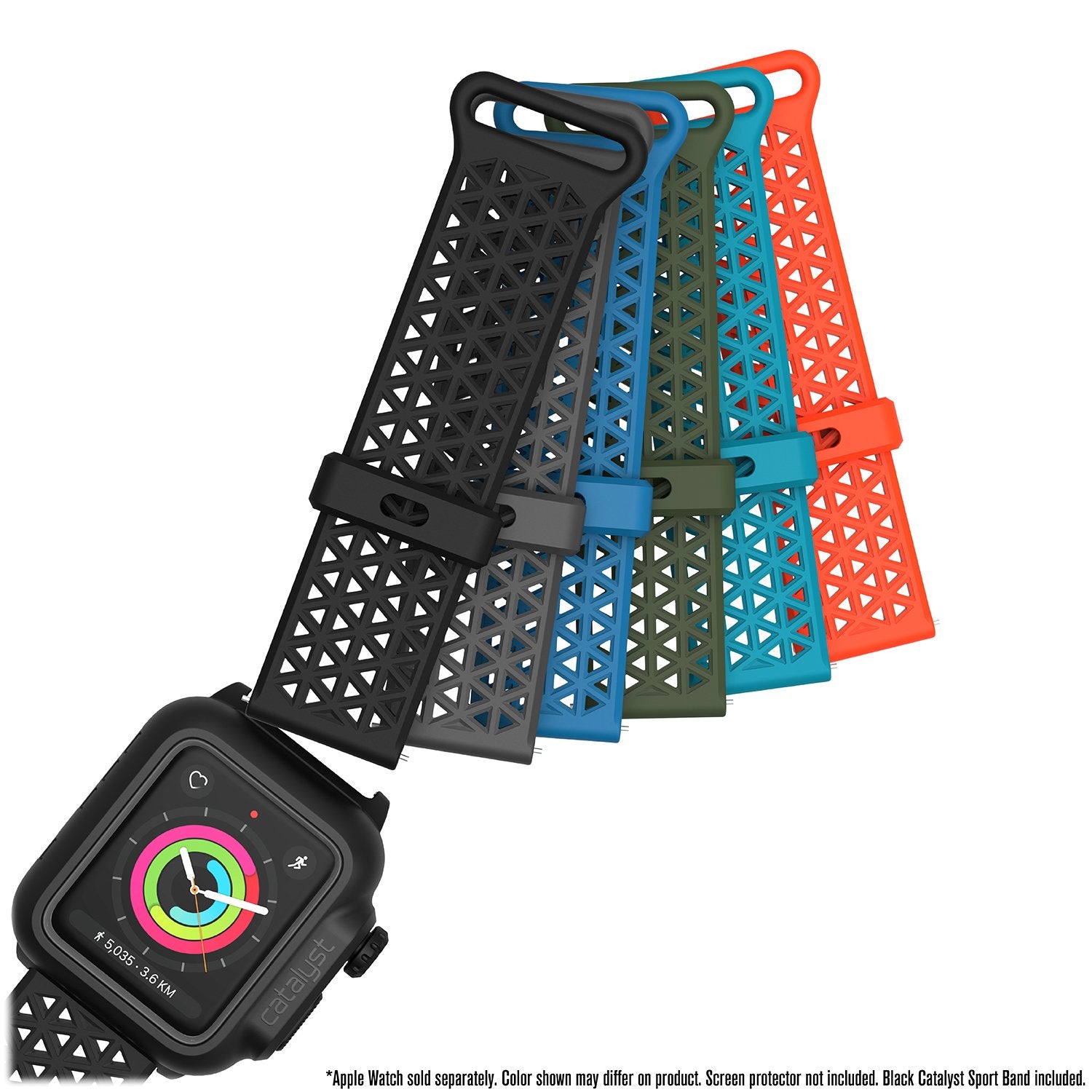 catalyst apple watch series 3 42mm waterproof case sport band showing the catalyst case and bands black gray blue lightblue army green orange