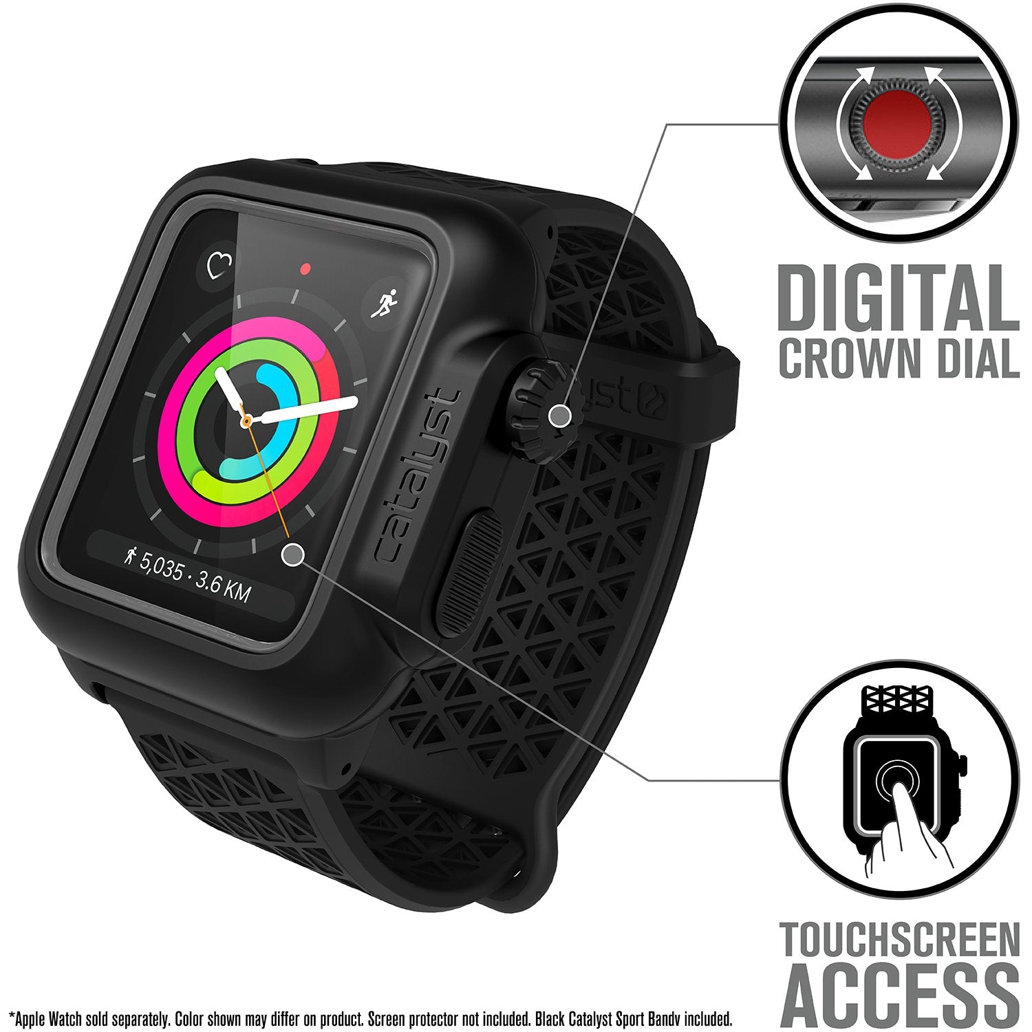 catalyst apple watch series 3 42mm waterproof case sport band showing the digital crown and touchscreen access text reads digital crown dial touchscreen access