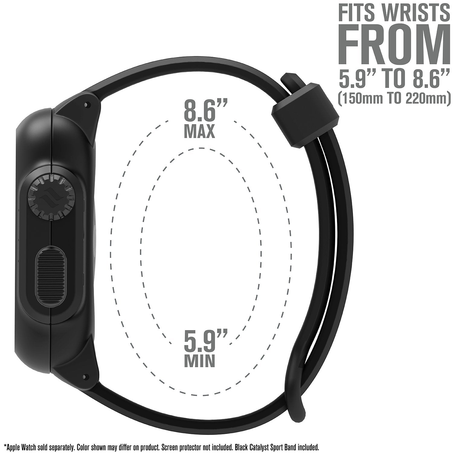 catalyst apple watch series 3 42mm waterproof case sport band showing the side view of the catalyst case with the minimum and maximum sizes of the band text reads fits wrists from 5.9" to 8.6"(150mm to 220mm)