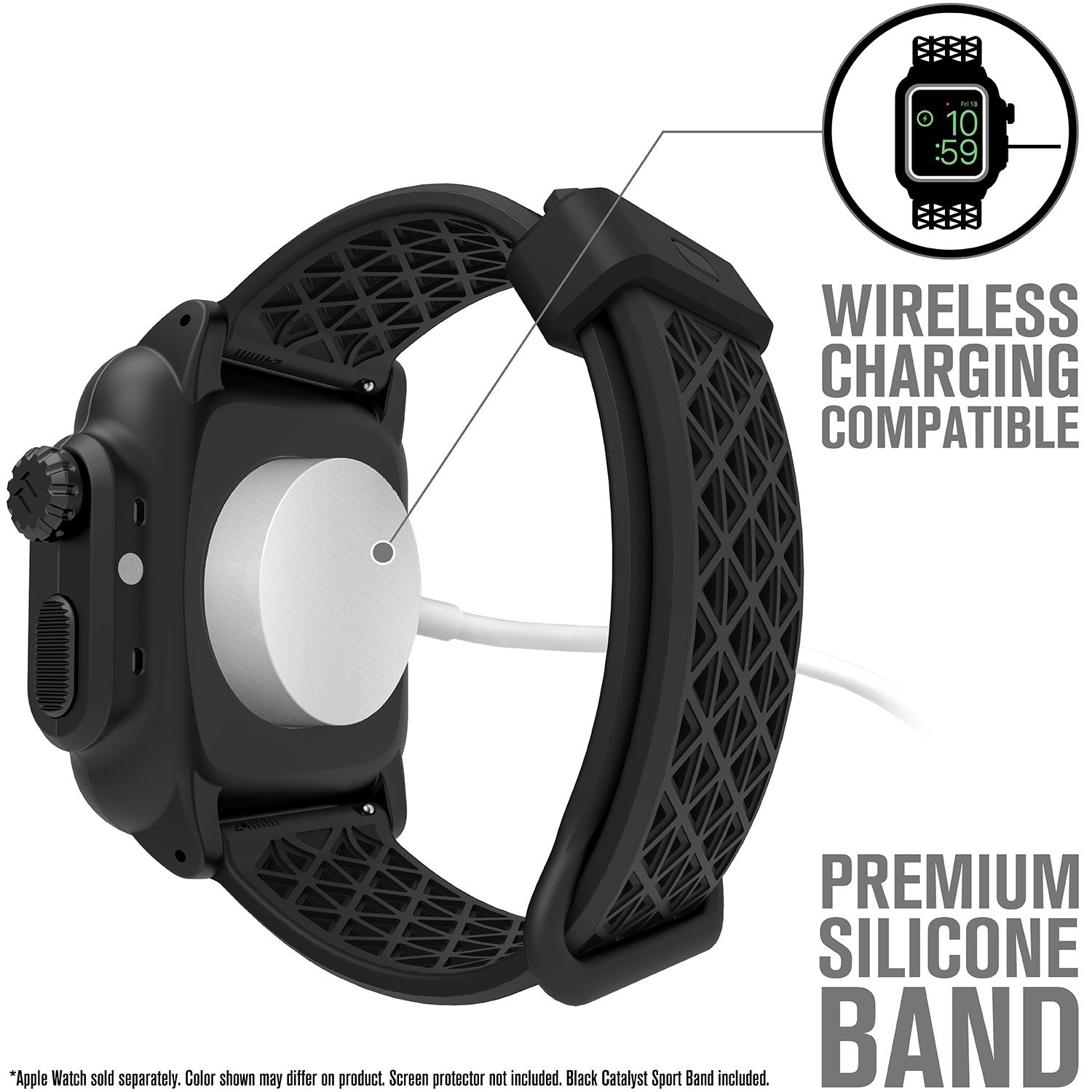 catalyst apple watch series 3 42mm waterproof case sport band showing wireless charging compatibility and premium silicone band text reads wireless charging compatible premium silicone band