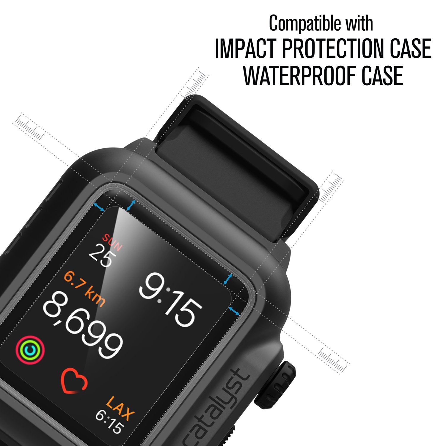 Catalyst Apple Watch Series 3 and 2 42mm Screen Potector showing apple watch with catalyst screen protector text reads compatible with impact protection case waterproof case