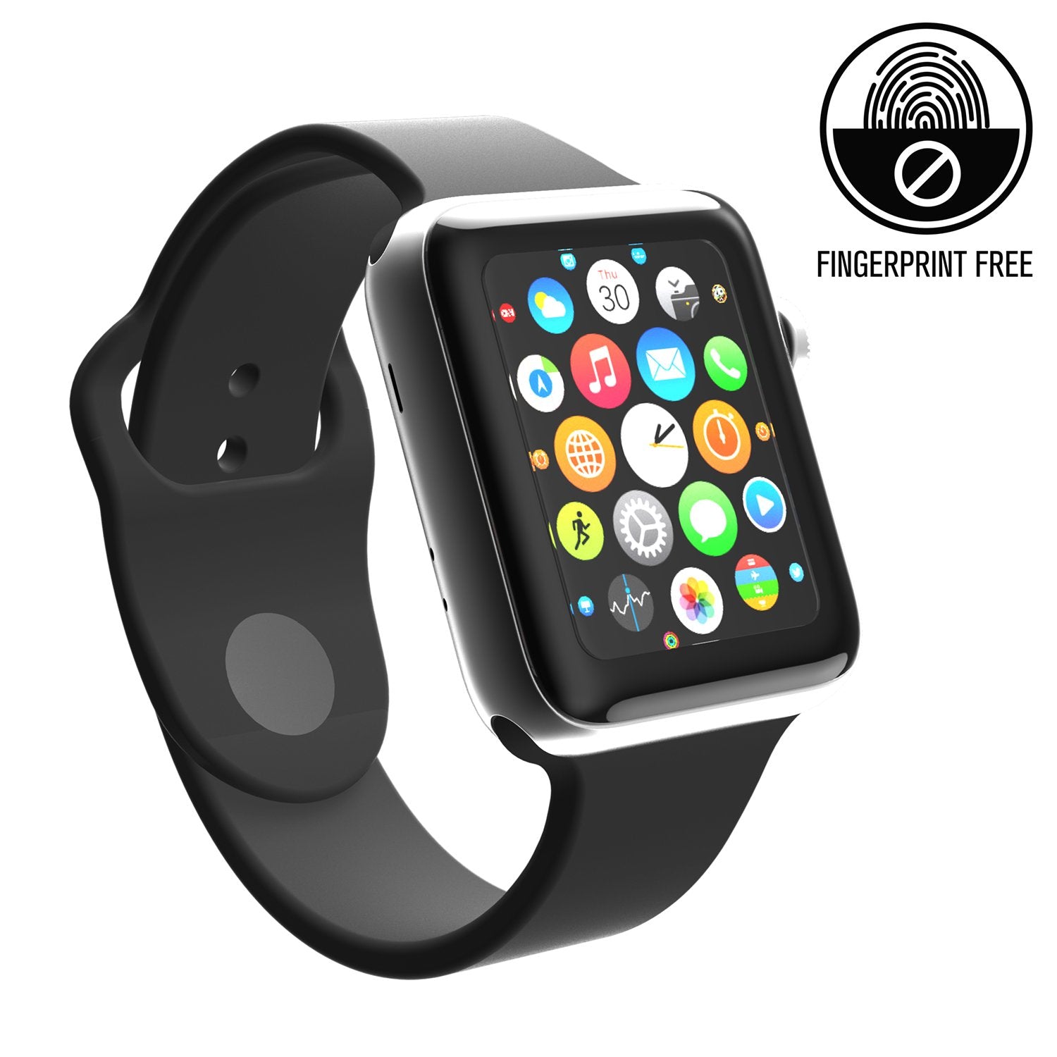 Catalyst Apple Watch Series 3 and 2 42mm Screen Potector showing apple watch with catalyst screen protector text reads fingerprint free