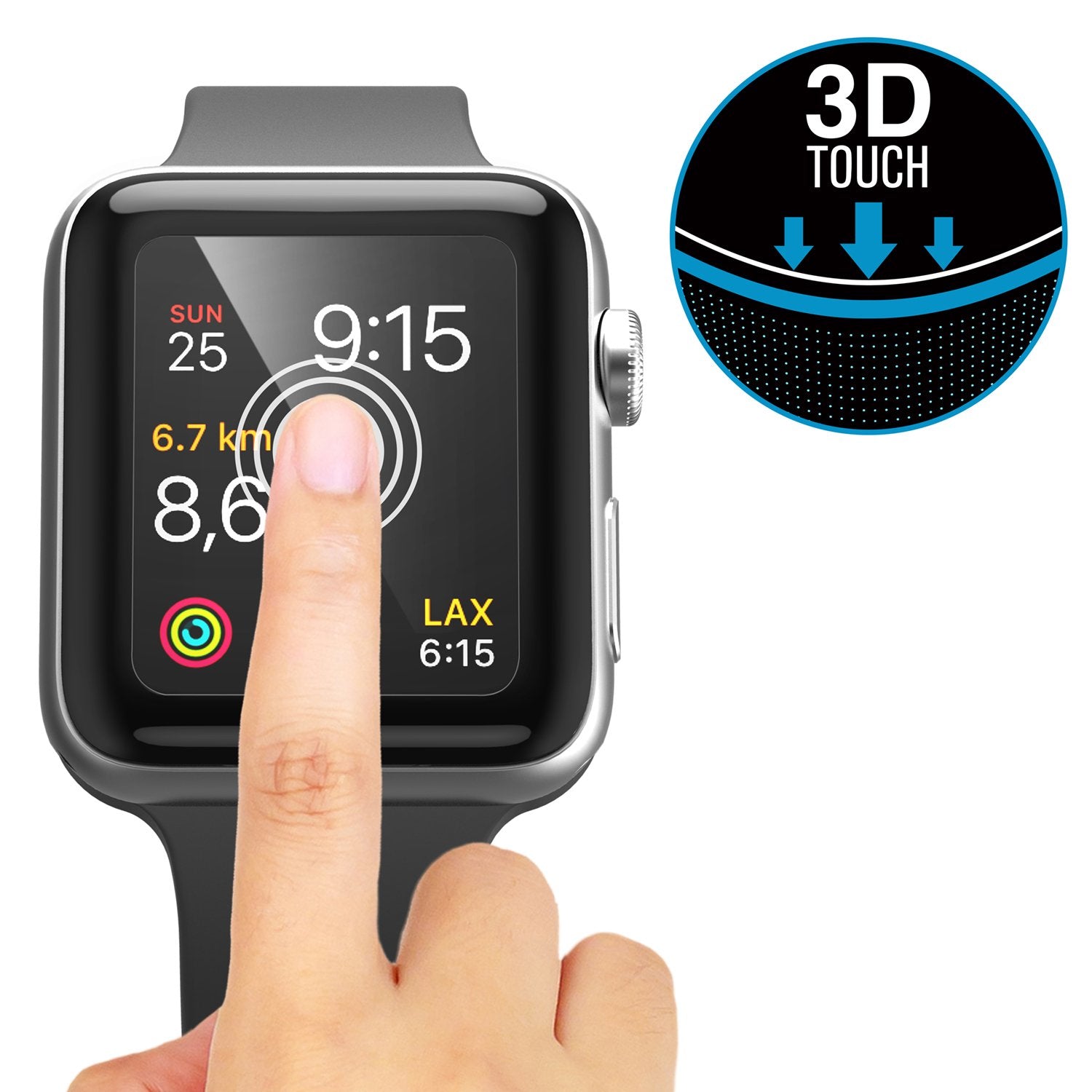 Catalyst Apple Watch Series 3 and 2 42mm Screen Potector showing apple watch with finger touching the screen text reads 3D touch