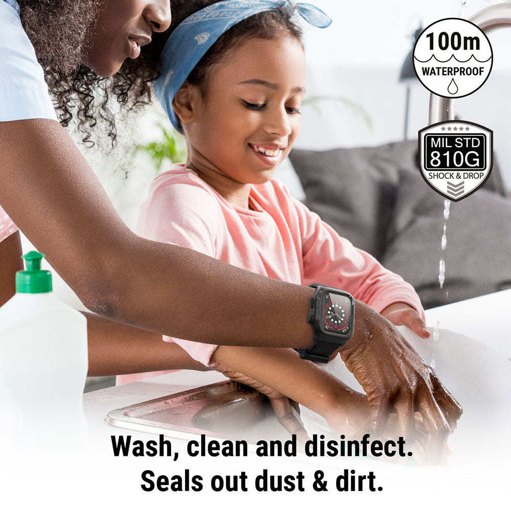 catalyst apple watch series 6 5 4 se gen 2 1 40mm 44mm waterproof case band a lady wearing an apple watch with catalyst case helping a girl wash the plates text reads 100m mil std 810g shock & drop wash clean and disinfect seals out dust & dirt