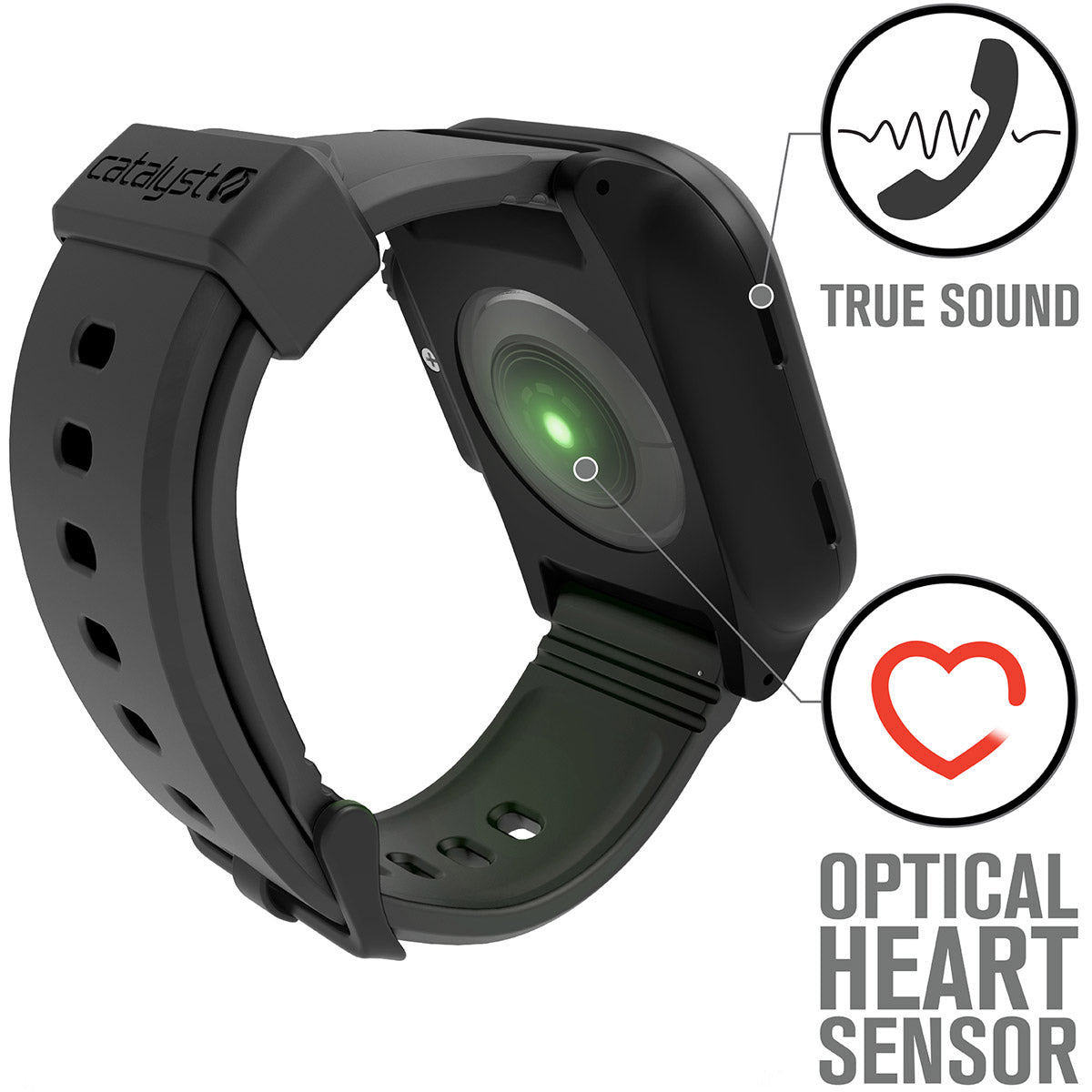 catalyst apple watch series 6 5 4 se gen 2 1 40mm 44mm waterproof case band black gray showing a green light on the optical heart sensor text reads true sound optical heart sensor