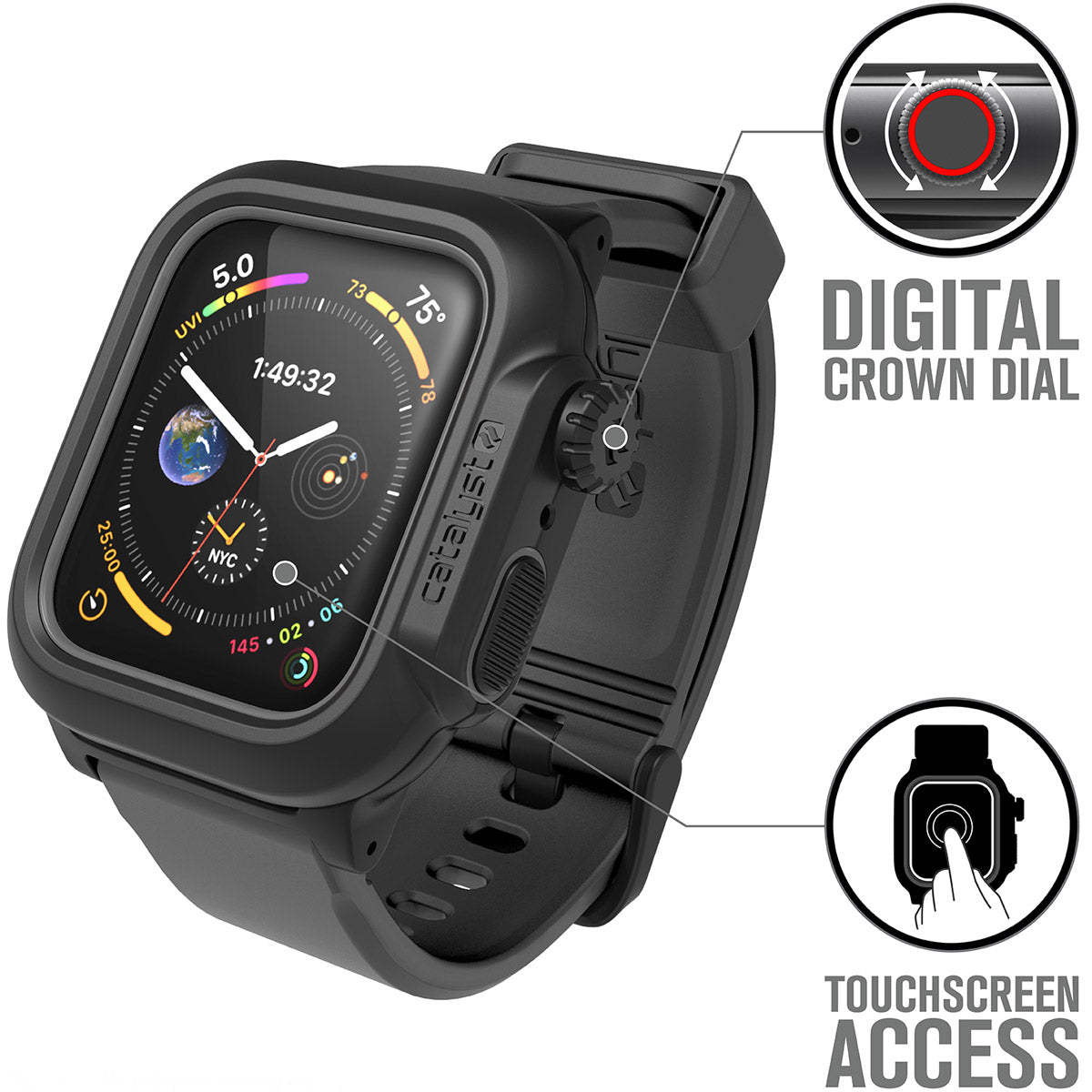 catalyst apple watch series 6 5 4 se gen 2 1 40mm 44mm waterproof case band black gray showing the digital crown dial and touchscreen access text reads digital crown dial touchscreen access