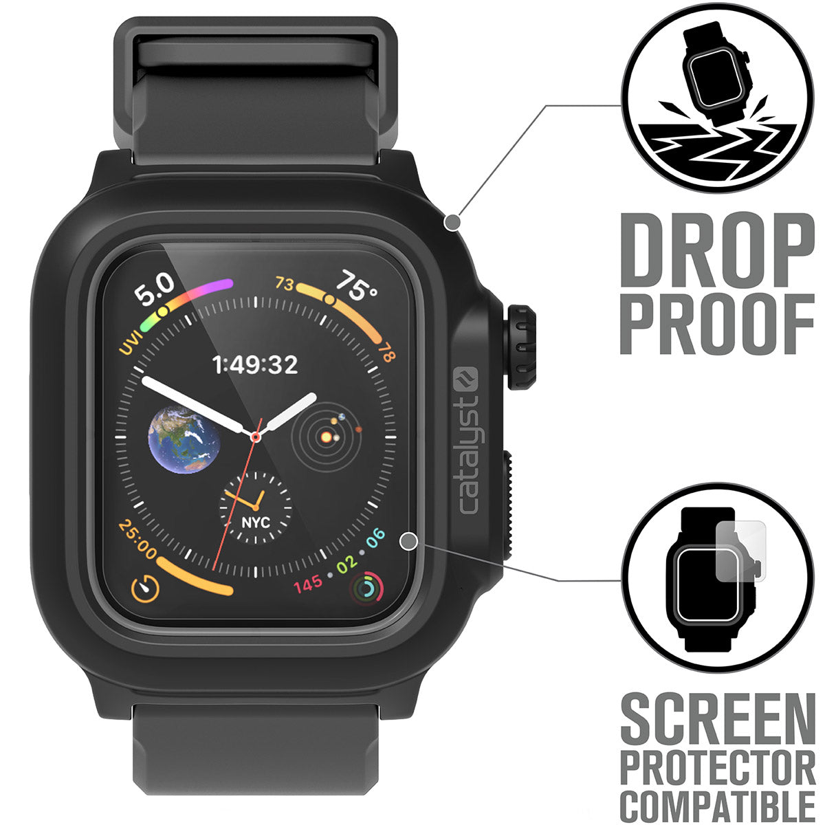 catalyst apple watch series 6 5 4 se gen 2 1 40mm 44mm waterproof case band black gray showing the screen protector compatibility text reads drop proof screen protector compatible
