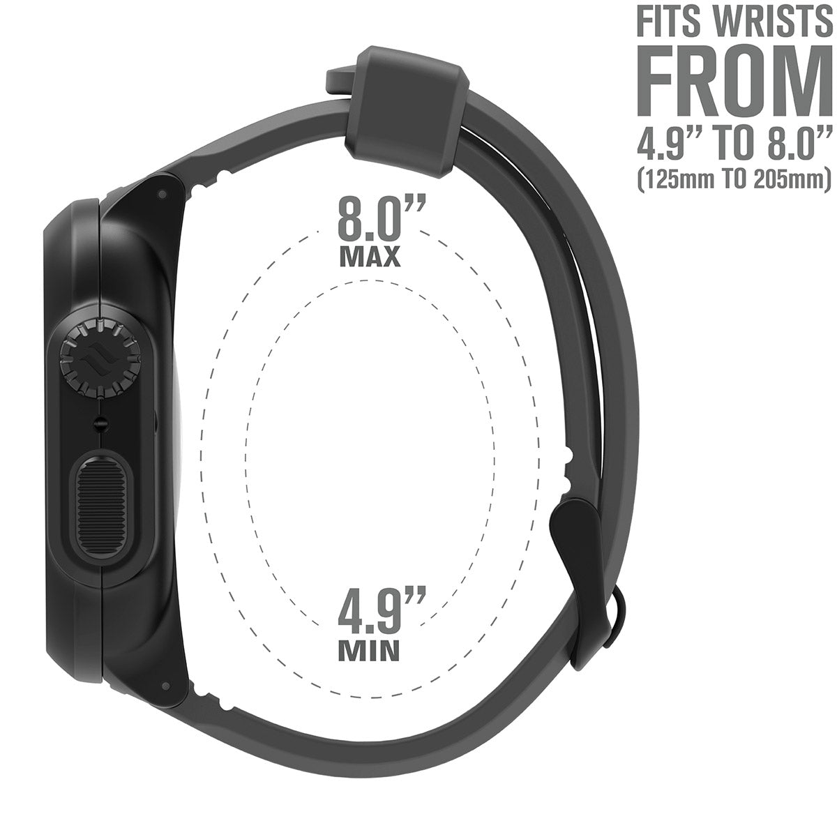 catalyst apple watch series 6 5 4 se gen 2 1 40mm 44mm waterproof case band black gray side of the case with the minimum and maximum sizes of the sport band text reads 8.0" max 4.9" min fits wrists from 4.9" to 8.0"(125mm to 205mm)