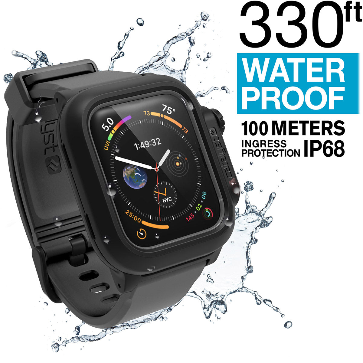 catalyst apple watch series 6 5 4 se gen 2 1 40mm 44mm waterproof case band black gray with splashes of water text reads 330ft waterproof 100 meters ingress protection ip68