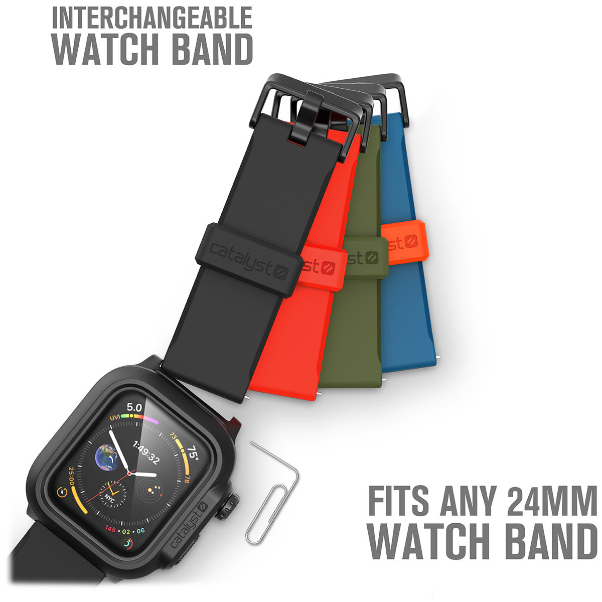catalyst apple watch series 6 5 4 se gen 2 1 40mm 44mm waterproof case band showing the catalyst case paper clip black red green blue bands text reads interchangeable watch band fits any 24mm watch band