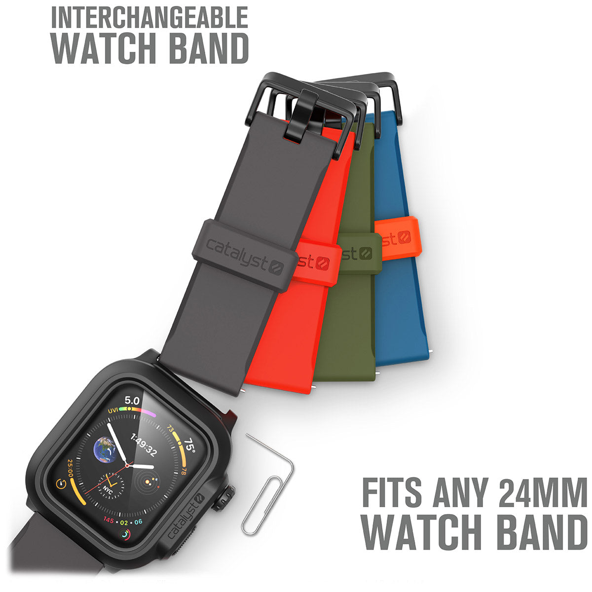 catalyst apple watch series 6 5 4 se gen 2 1 40mm 44mm waterproof case band showing the catalyst case paper clip gray red green blue bands text reads interchangeable watch band fits any 24mm watch band