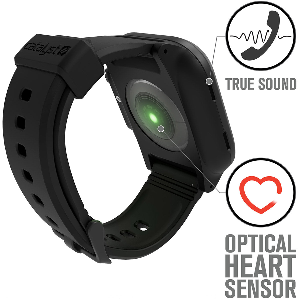 catalyst apple watch series 6 5 4 se gen 2 1 40mm 44mm waterproof case band stealth black showing a green light on the optical heart sensor text reads true sound optical heart sensor