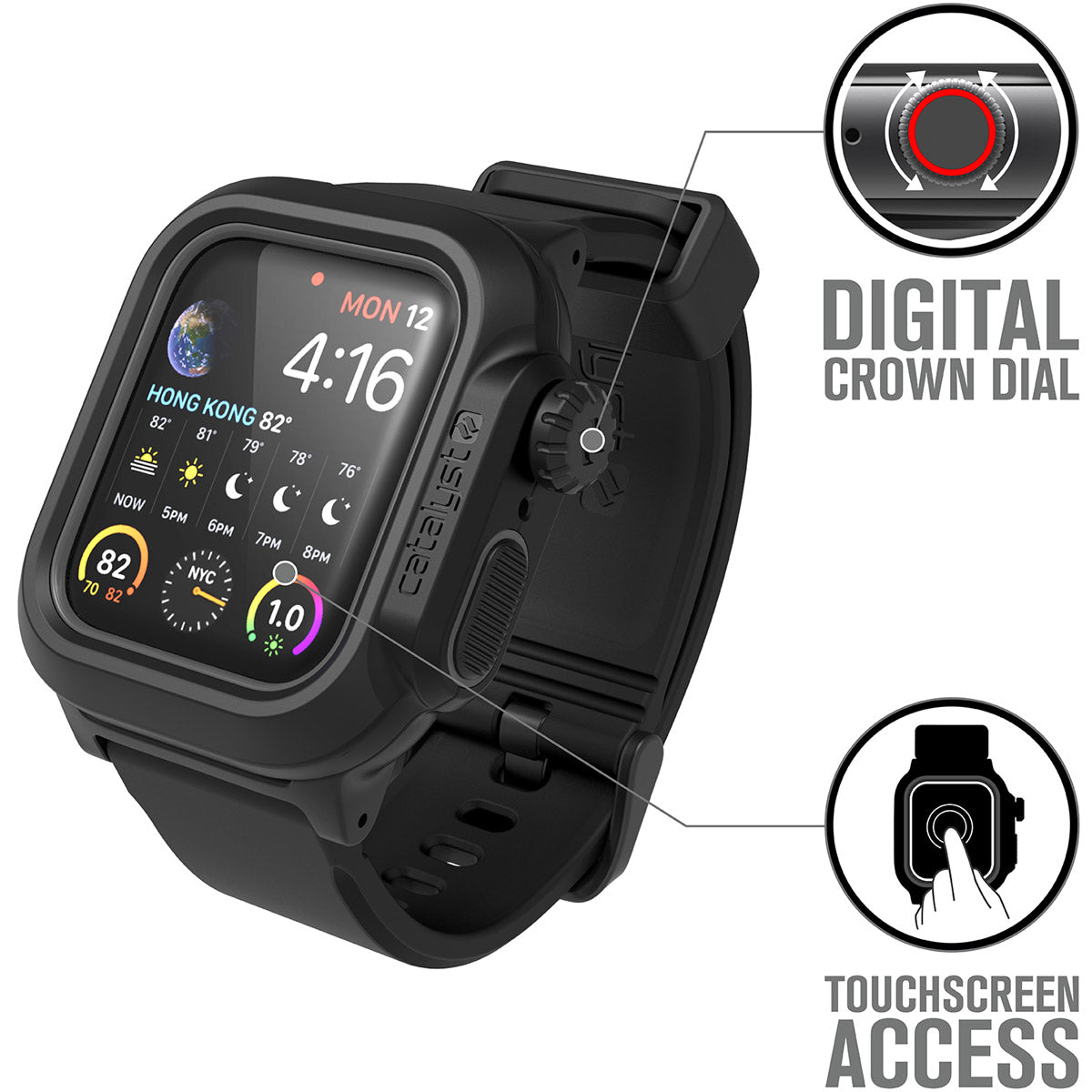 catalyst apple watch series 6 5 4 se gen 2 1 40mm 44mm waterproof case band stealth black  showing the digital crown dial and touchscreen access text reads digital crown dial touchscreen access
