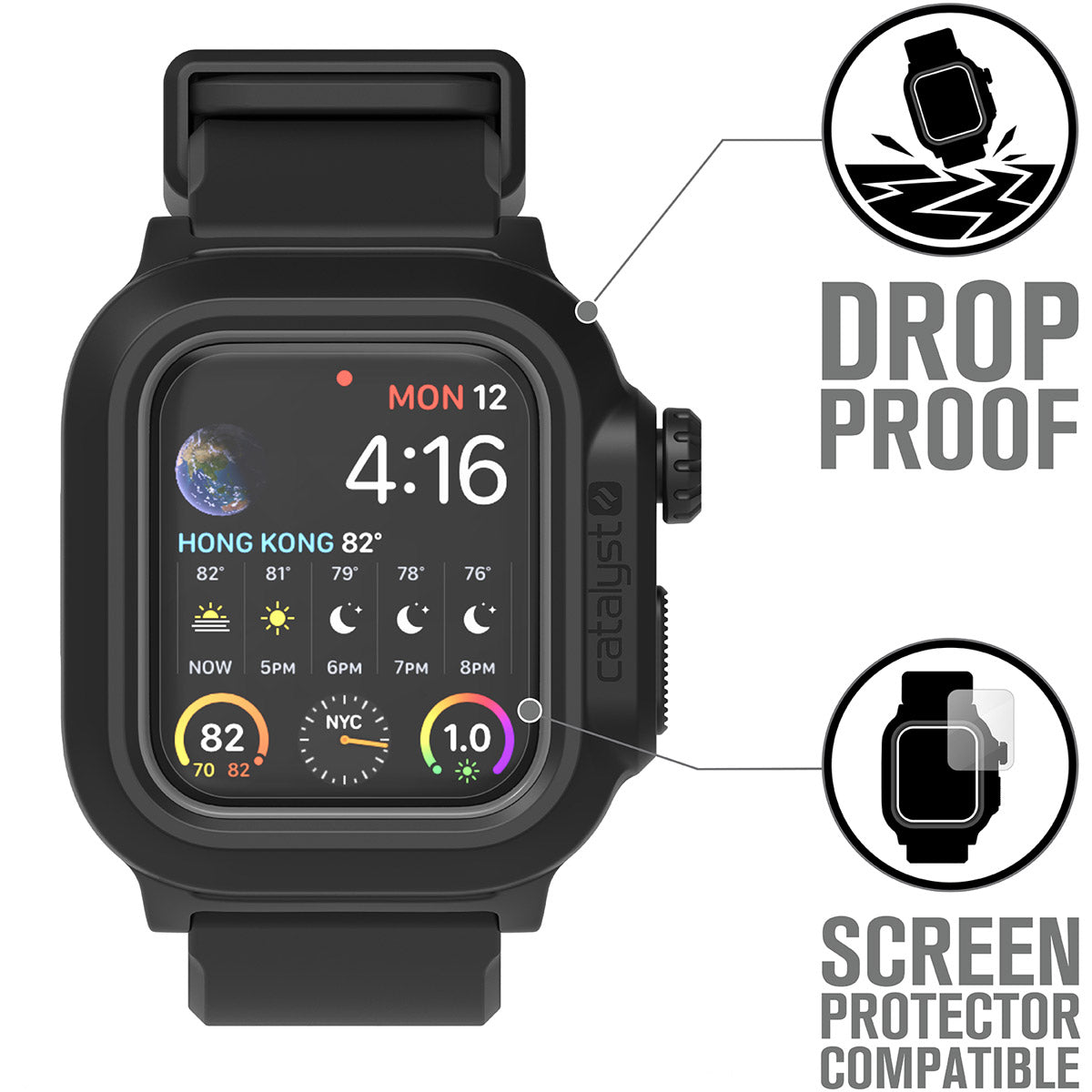 catalyst apple watch series 6 5 4 se gen 2 1 40mm 44mm waterproof case band stealth black  showing the screen protector compatibility text reads drop proof screen protector compatible