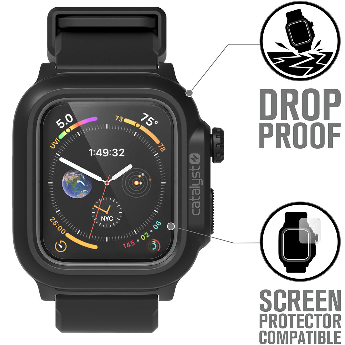 catalyst apple watch series 6 5 4 se gen 2 1 40mm 44mm waterproof case band stealth black showing the screen protector compatibility text reads drop proof screen protector compatible