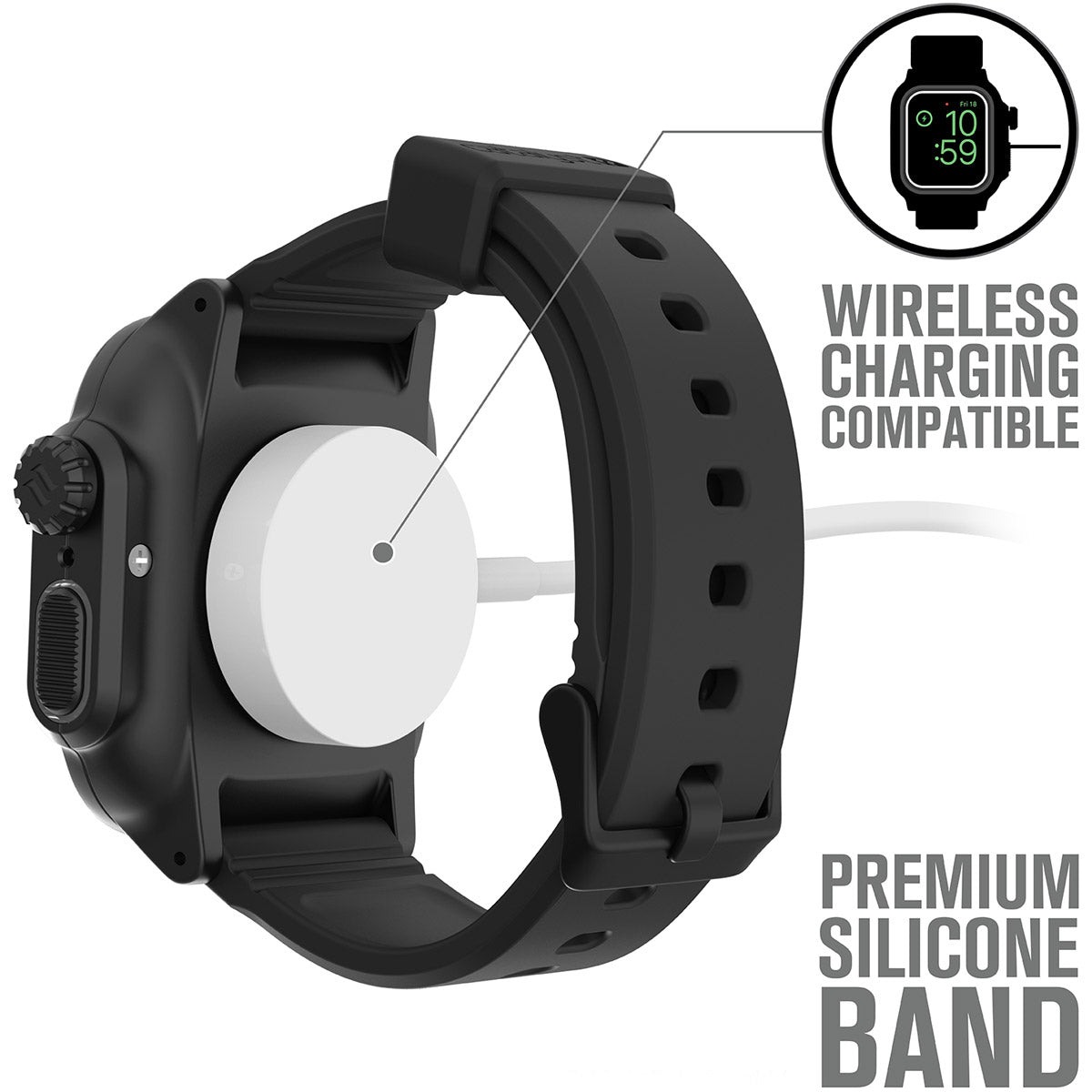 catalyst apple watch series 6 5 4 se gen 2 1 40mm 44mm waterproof case band stealth black  showing wireless charging compatibility text reads wireless charging compatible premium silicone band