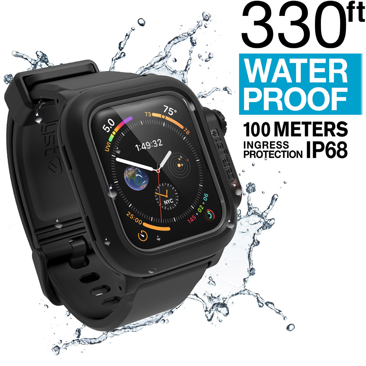 catalyst apple watch series 6 5 4 se gen 2 1 40mm 44mm waterproof case band stealth black with splashes of water text reads 330ft waterproof 100 meters ingress protection ip68