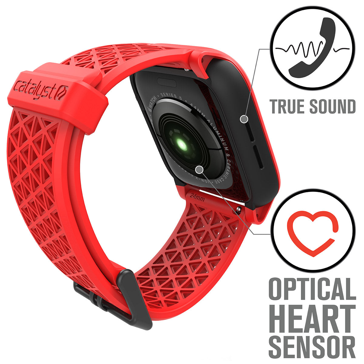 catalyst apple watch series 6 5 4 se gen 21 44mm 40mm impact protection case sport band flame red showing a green light on the optical heart sensor text reads true sound optical heart sensor