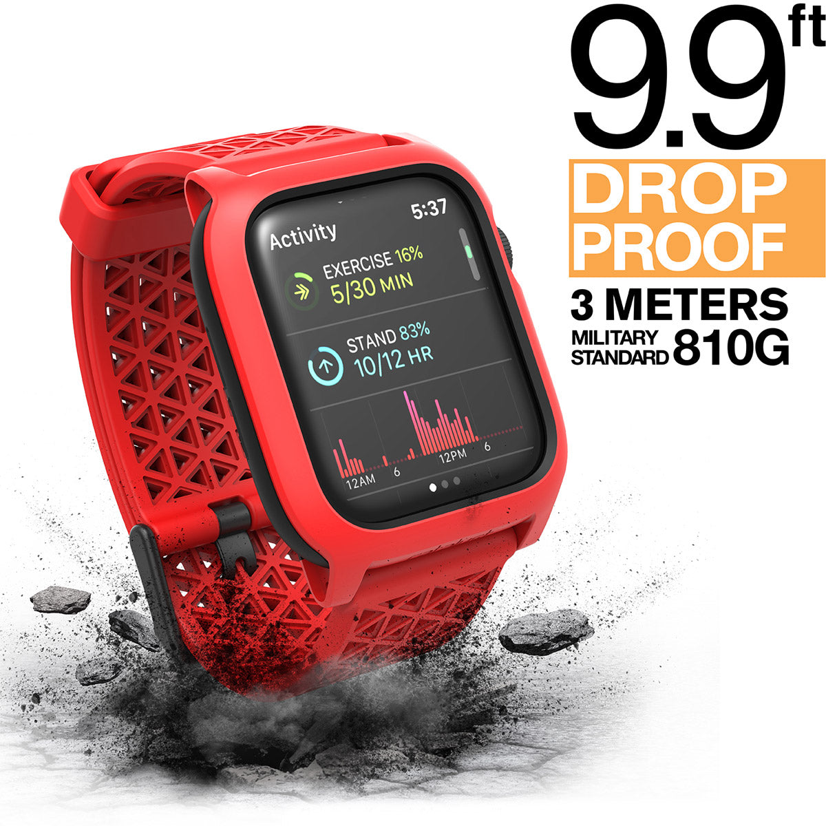 catalyst apple watch series 6 5 4 se gen 21 44mm 40mm impact protection case sport band flame red showing an apple watch with a catalyst case and a cracked floor text reads 9.9ft drop proof 3 meters military standard 810g