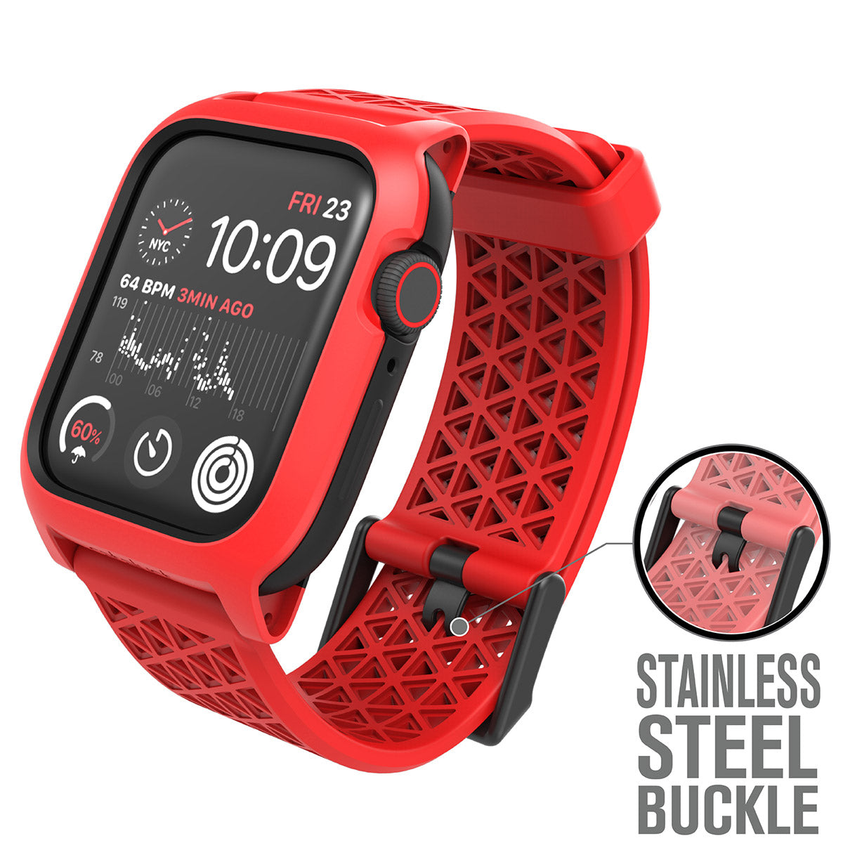 catalyst apple watch series 6 5 4 se gen 21 44mm 40mm impact protection case sport band flame red showing an apple watch with stainless steel buckle text reads stainless steel buckle