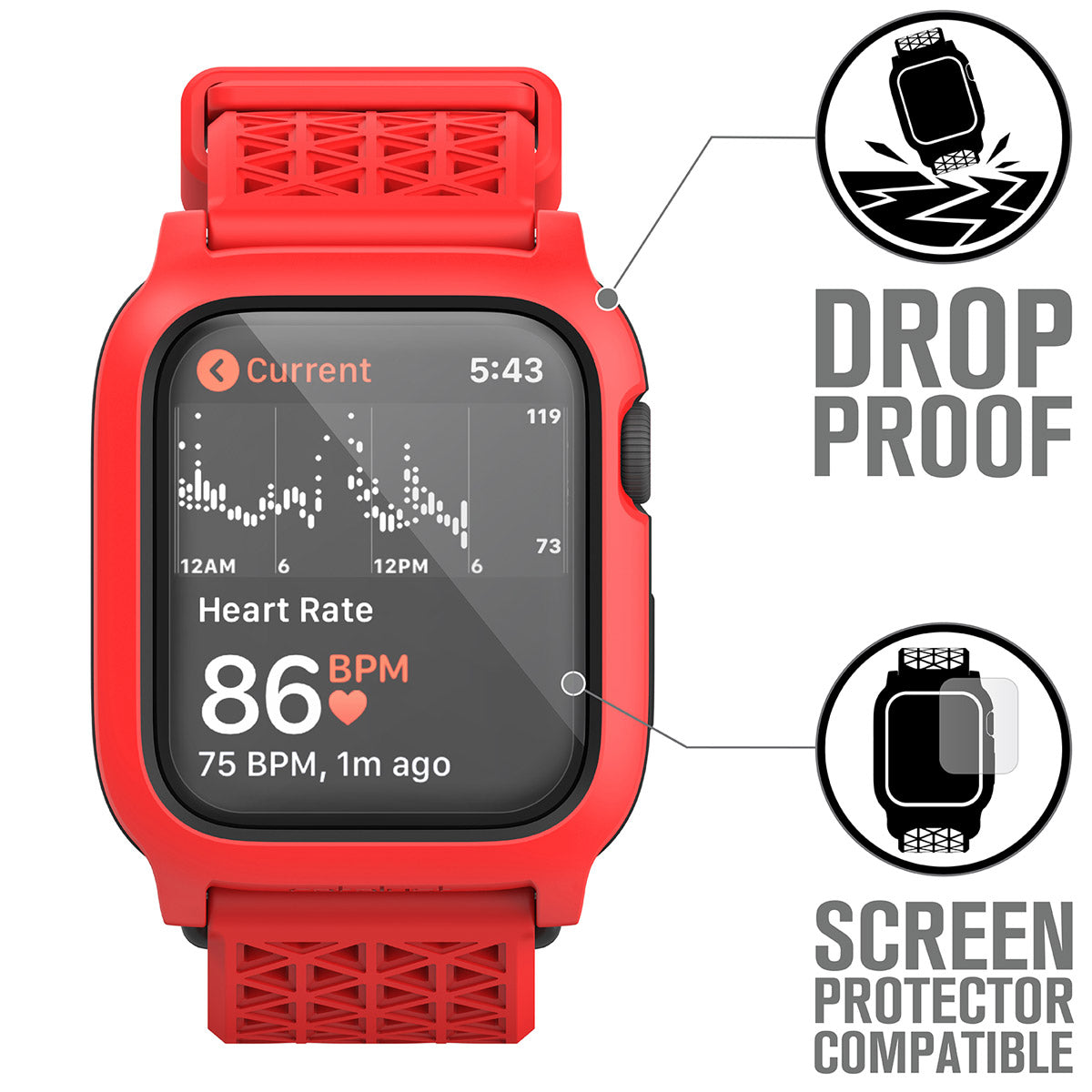 catalyst apple watch series 6 5 4 se gen 21 44mm 40mm impact protection case sport band flame red showing drop proof and screen protector comaptibility text reads drop proof screen protector compatible
