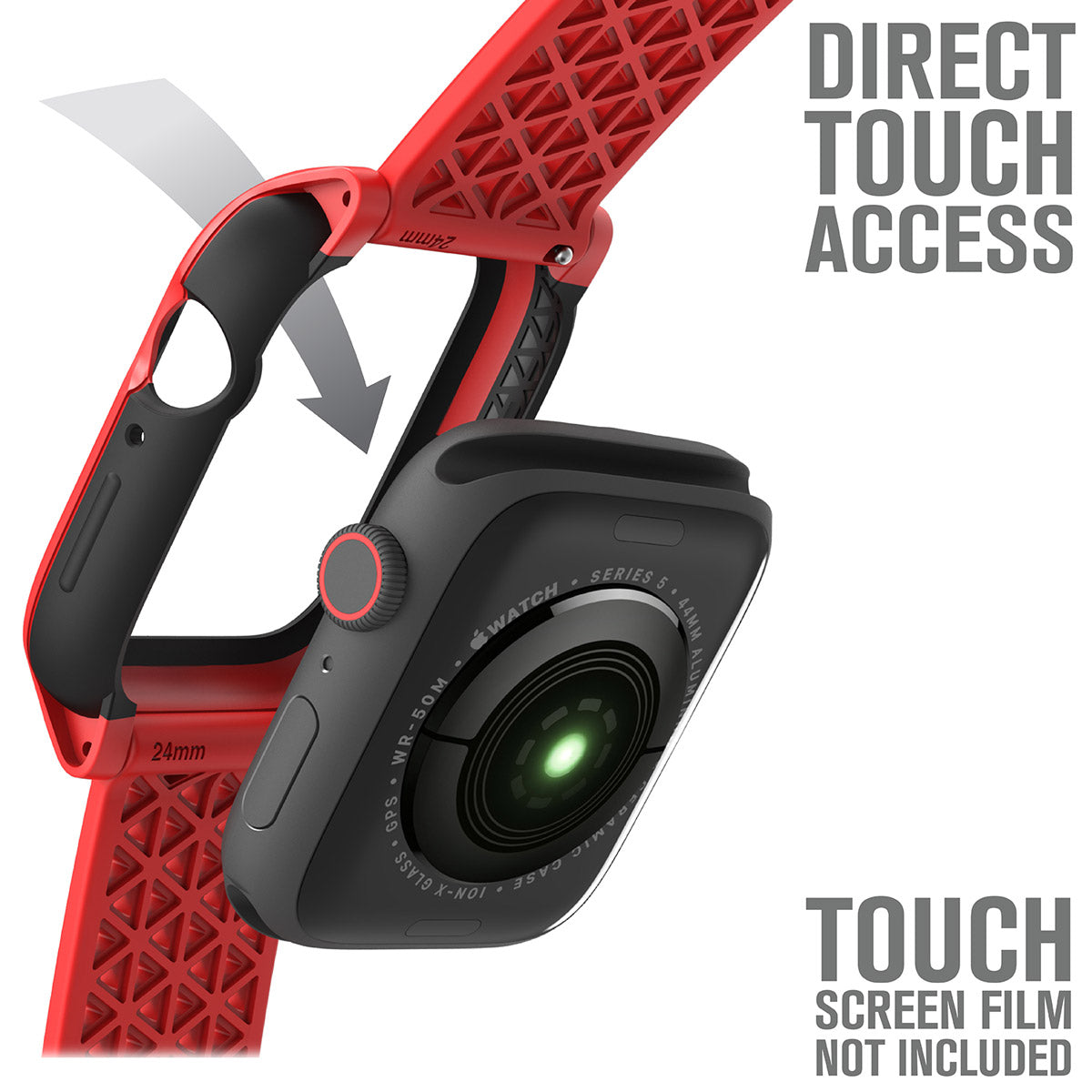 catalyst apple watch series 6 5 4 se gen 21 44mm 40mm impact protection case sport band flame red showing the back part of the apple watch and case with direct touch access text reads direct touch access touch screen film not included