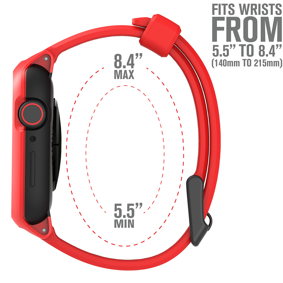 catalyst apple watch series 6 5 4 se gen 21 44mm 40mm impact protection case sport band flame red side view of the catalyst case with the minimum and maximum sizes of the band text reads fits wrists from 5.5" to 8.4"(140mm to 215mm)